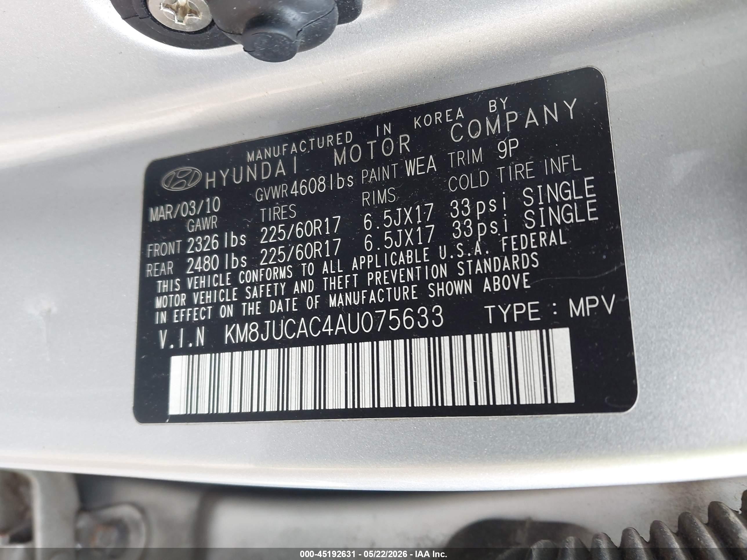 2010 Hyundai Tucson Gls Silver vin: KM8JUCAC4AU075633
