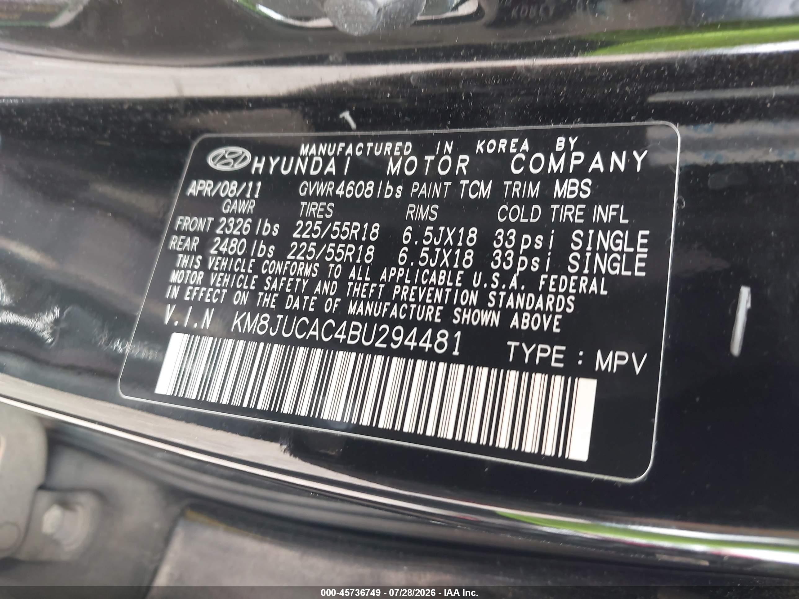 2011 Hyundai Tucson Limited Черный vin: KM8JUCAC4BU294481