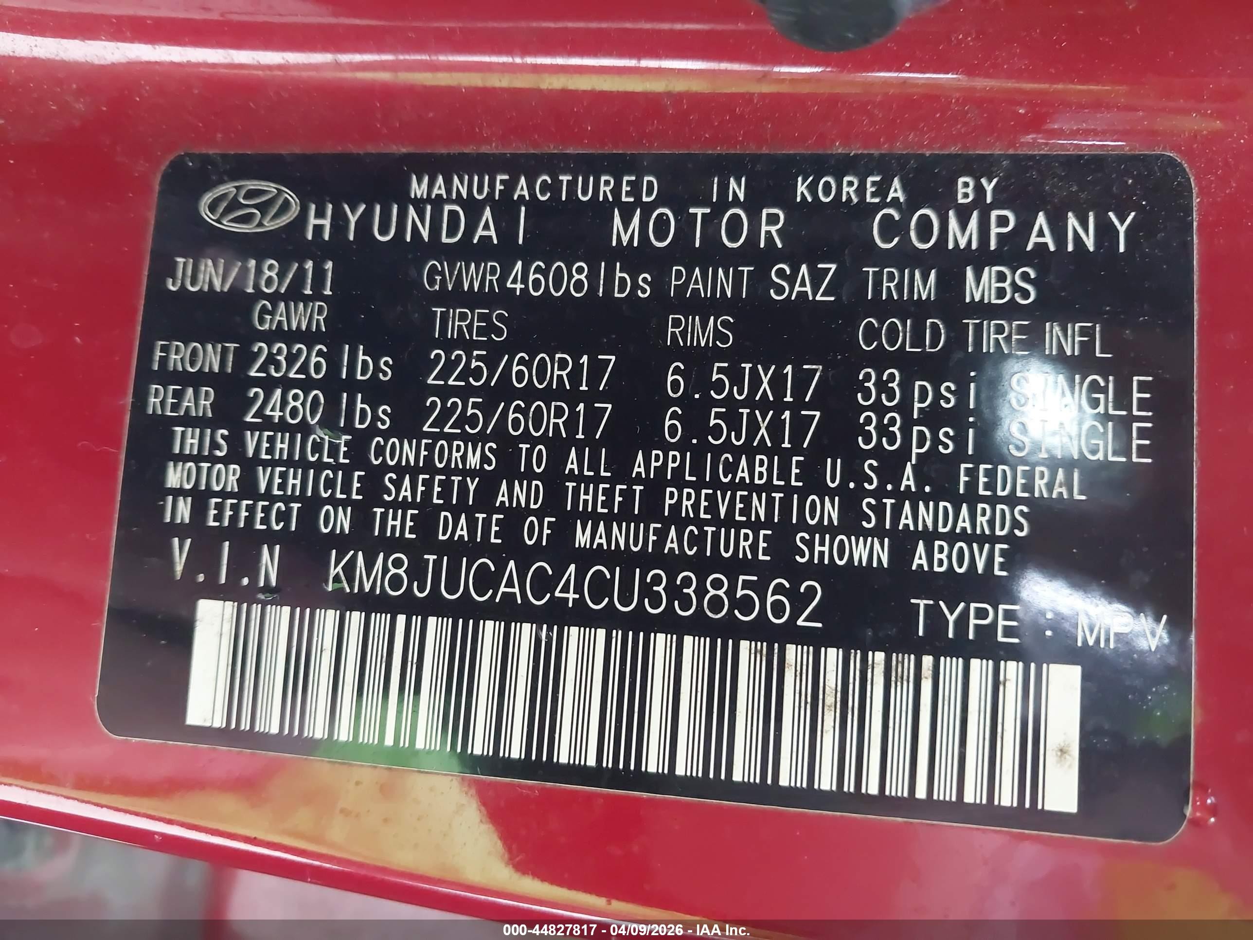 2012 Hyundai Tucson Gls Red vin: KM8JUCAC4CU338562