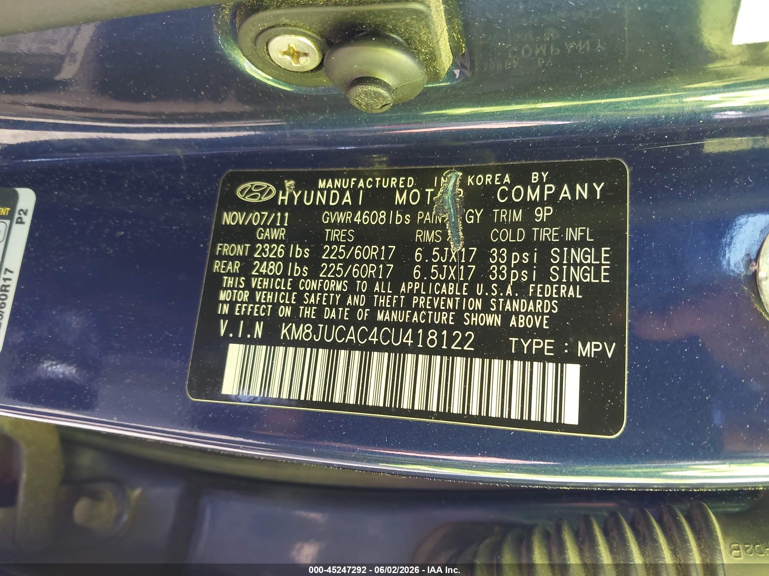 2012 Hyundai Tucson Gls Blue vin: KM8JUCAC4CU418122