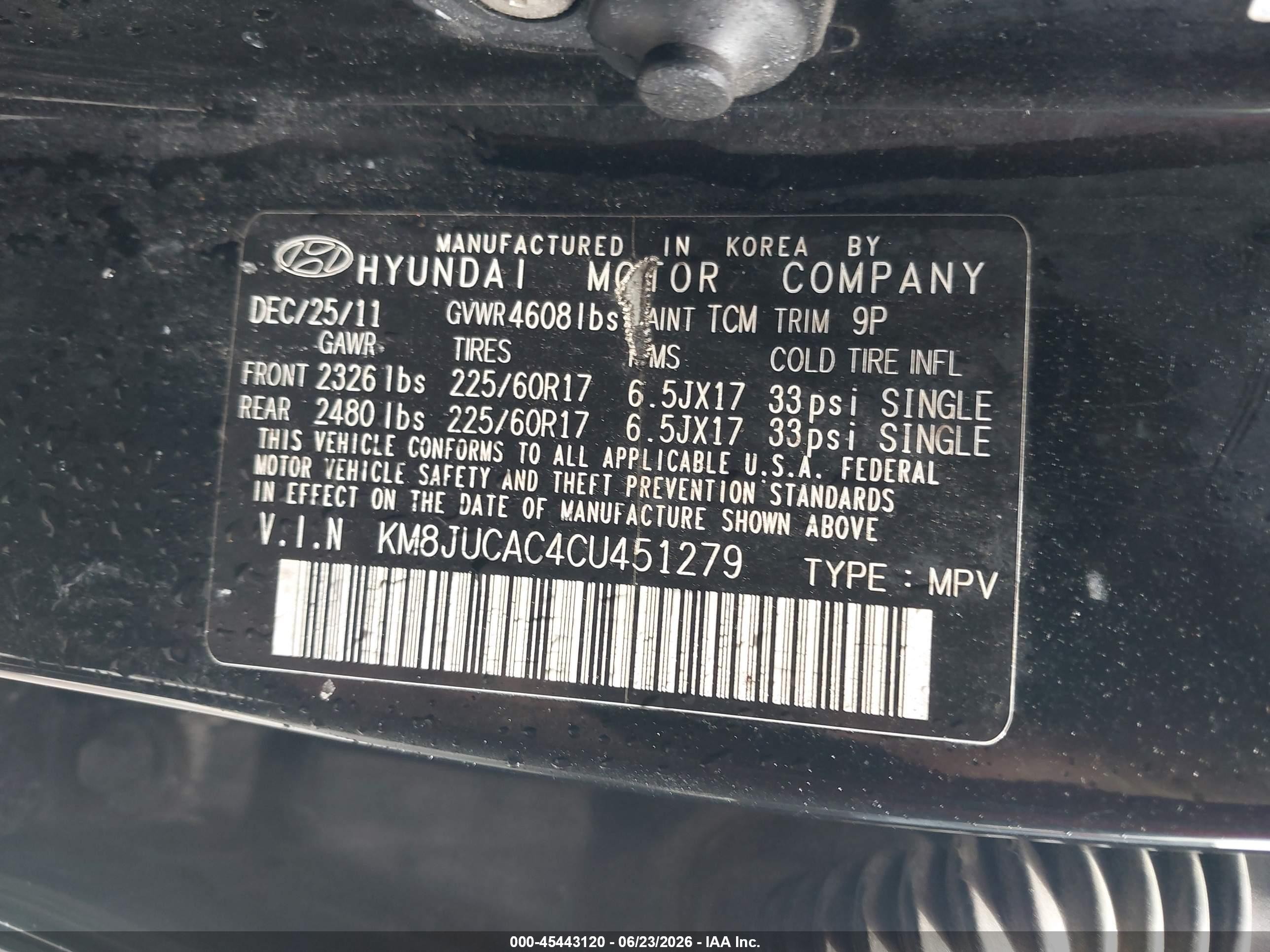 2012 Hyundai Tucson Gls Black vin: KM8JUCAC4CU451279