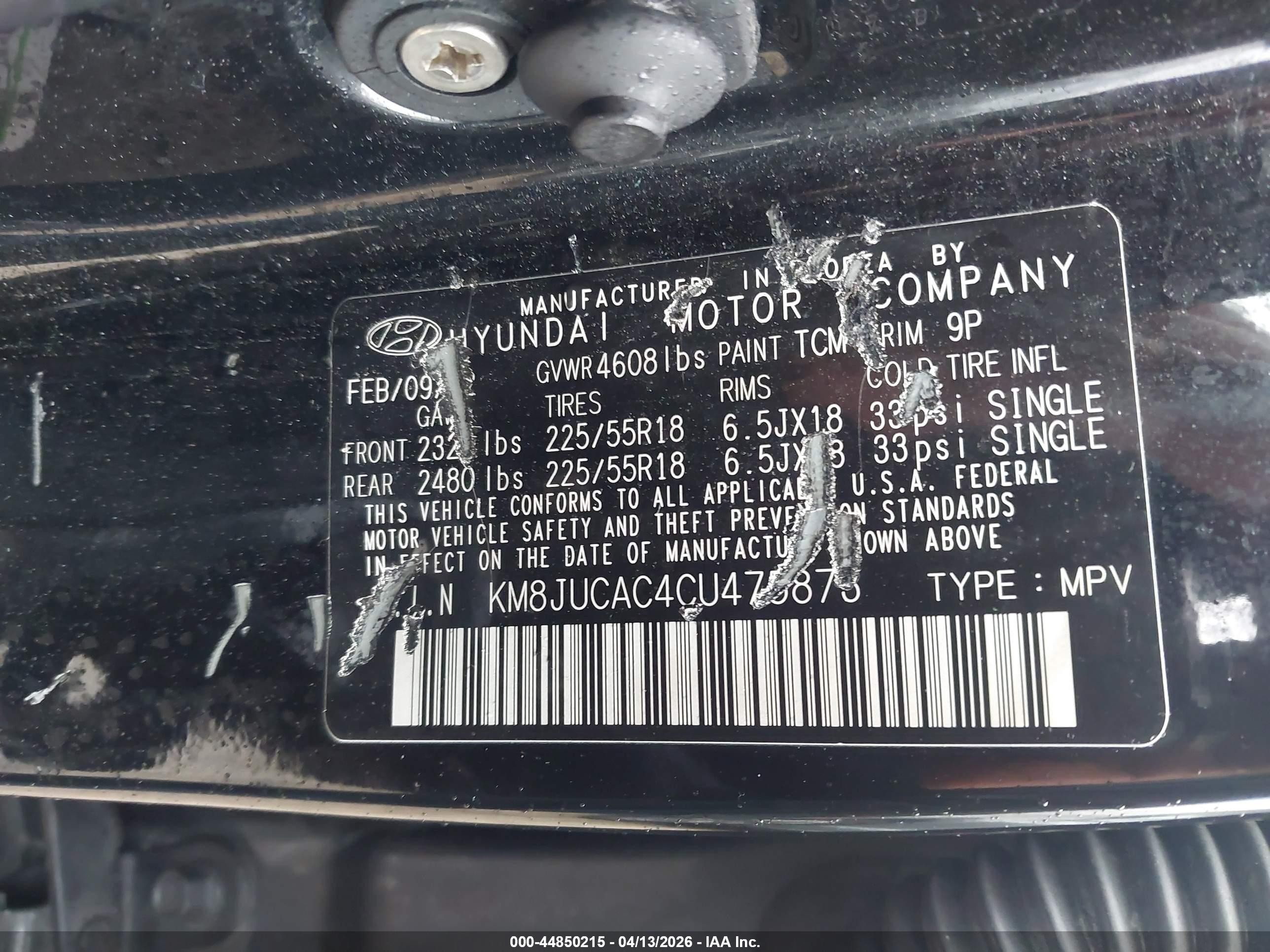 2012 Hyundai Tucson Limited Black vin: KM8JUCAC4CU475873