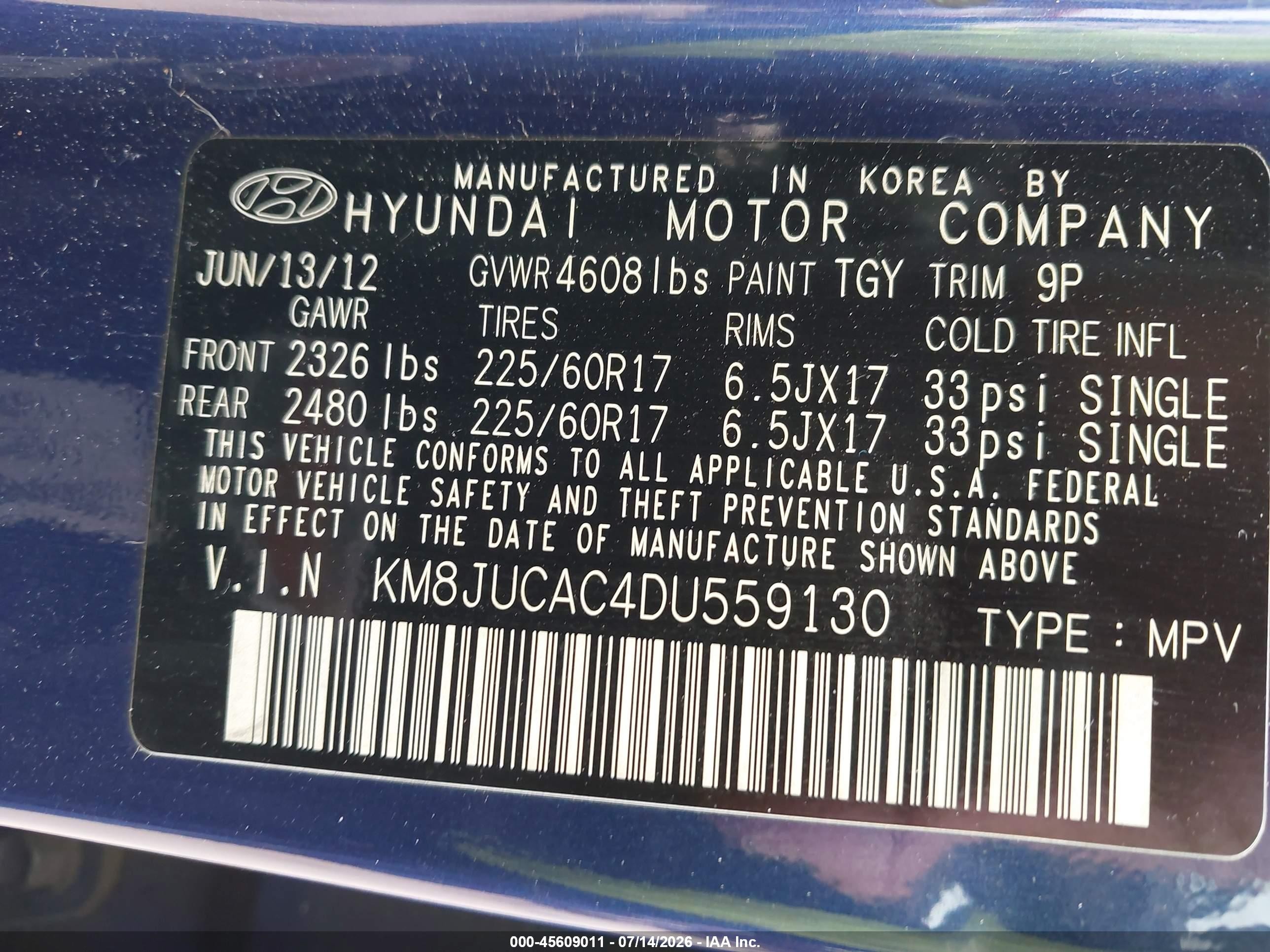 2013 Hyundai Tucson Gls Blue vin: KM8JUCAC4DU559130