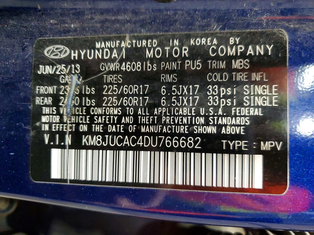 2013 Hyundai Tucson Gls Blue vin: KM8JUCAC4DU766682