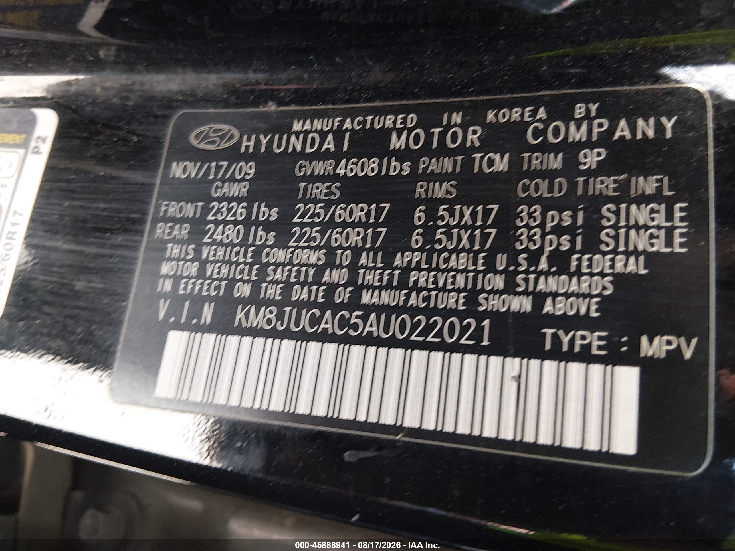 2010 Hyundai Tucson Gls Black vin: KM8JUCAC5AU022021