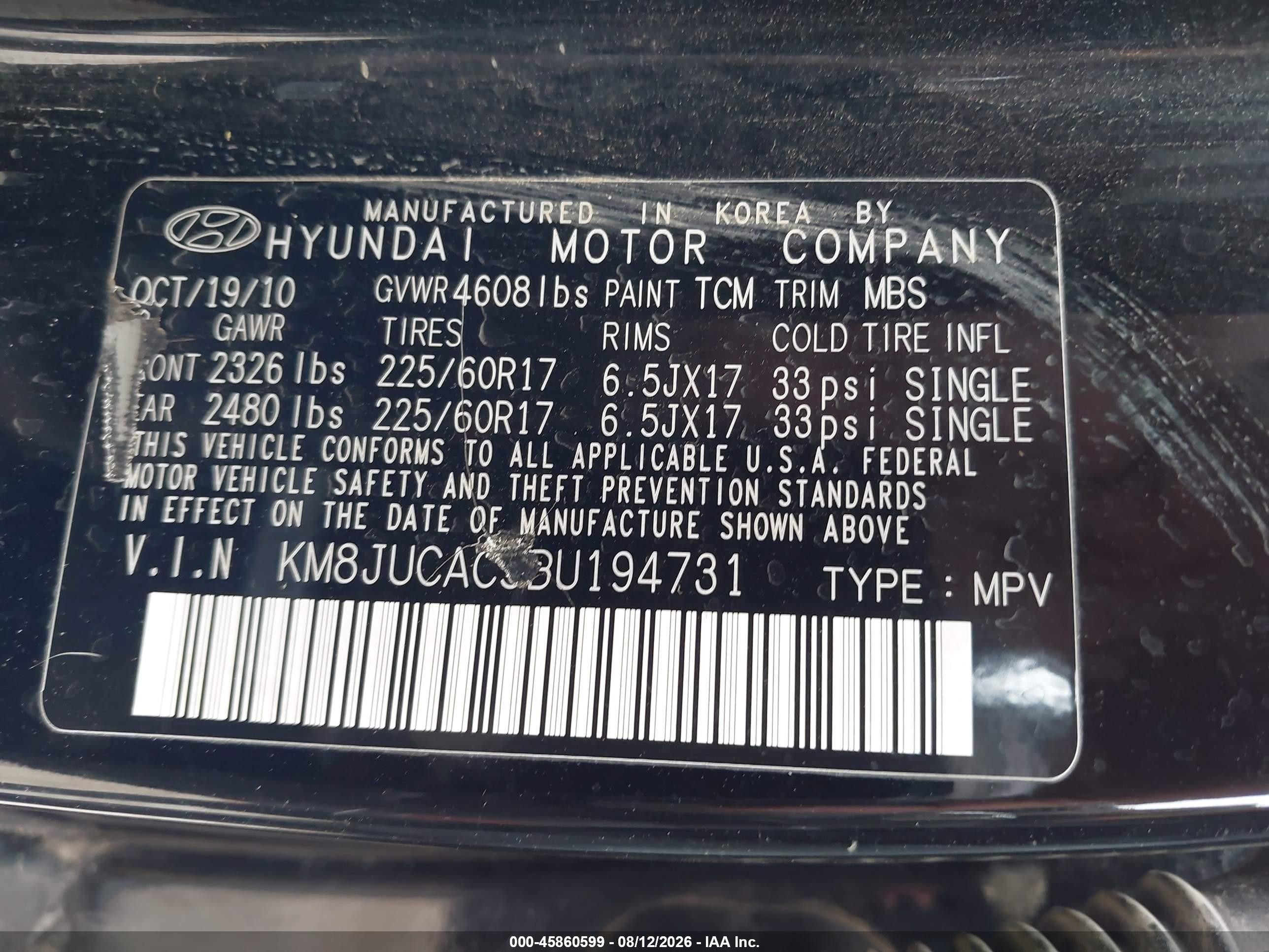 2011 Hyundai Tucson Gls Black vin: KM8JUCAC5BU194731