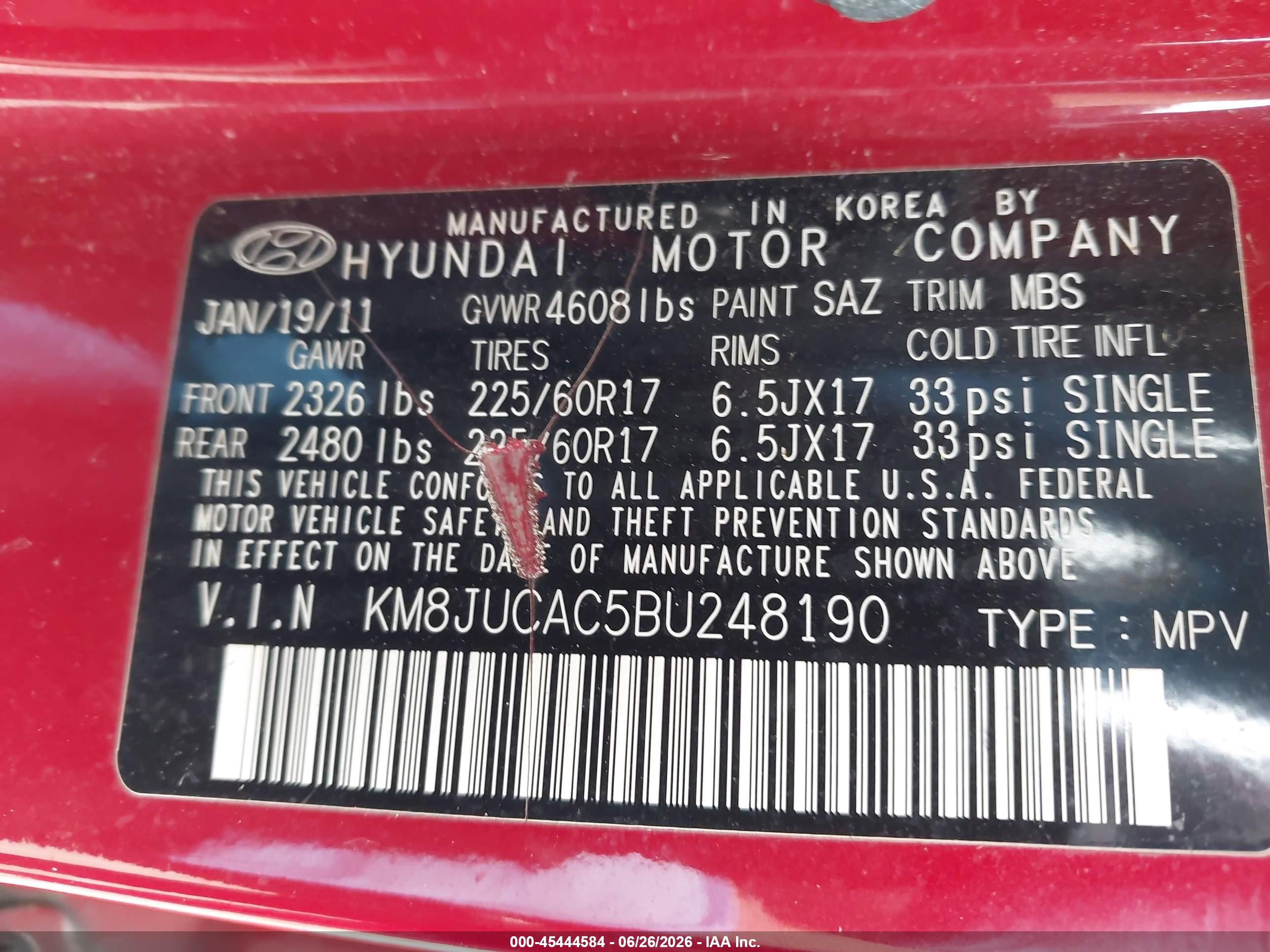2011 Hyundai Tucson Gls Red vin: KM8JUCAC5BU248190