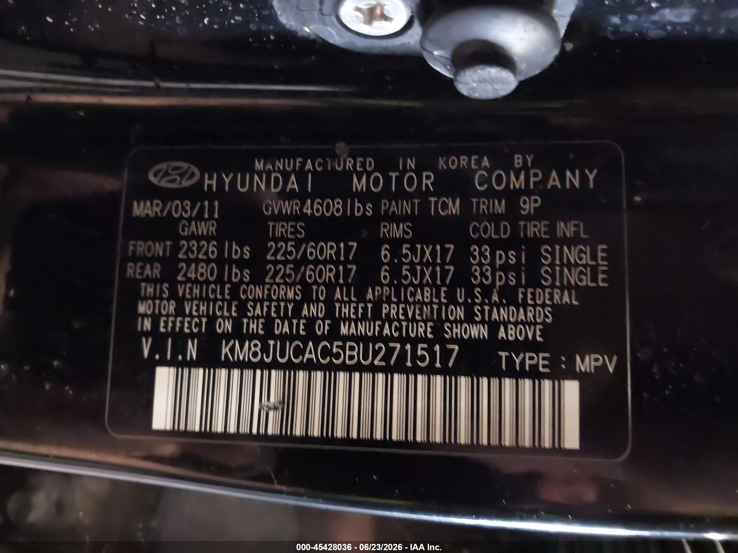 2011 Hyundai Tucson Gls Black vin: KM8JUCAC5BU271517