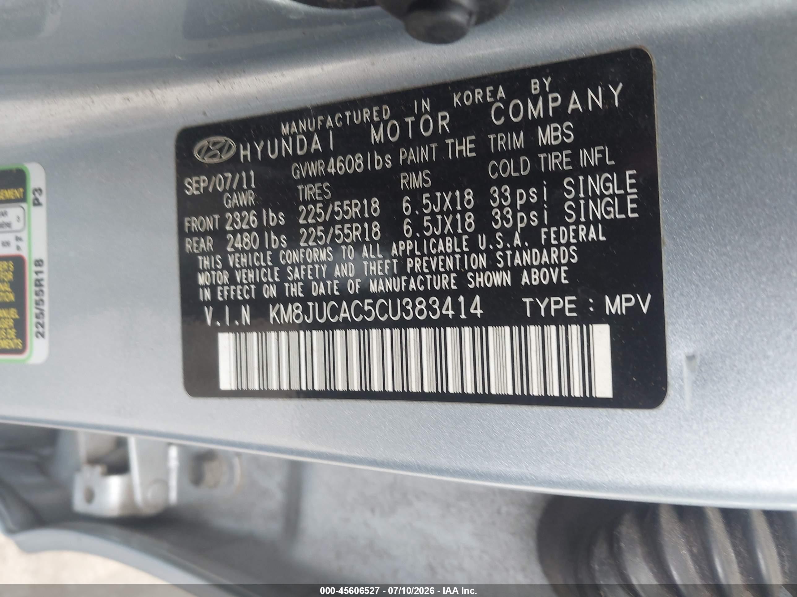 2012 Hyundai Tucson Limited Light Blue vin: KM8JUCAC5CU383414