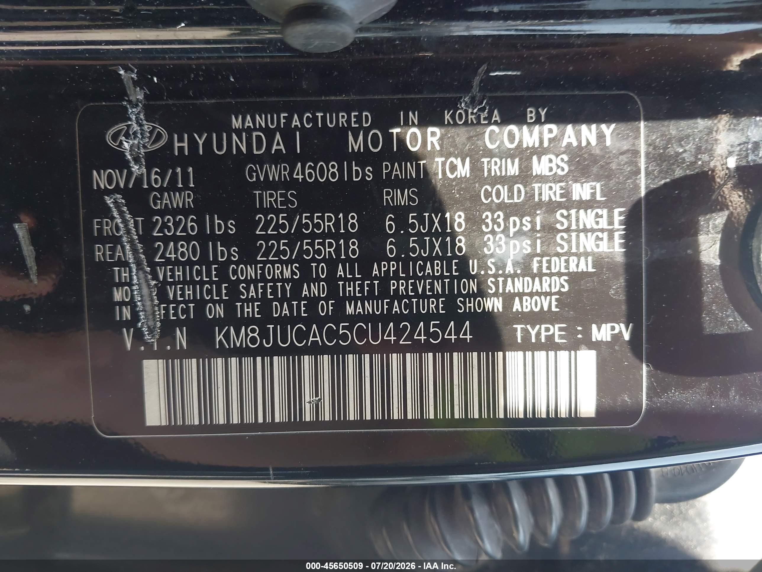 2012 Hyundai Tucson Limited Black vin: KM8JUCAC5CU424544