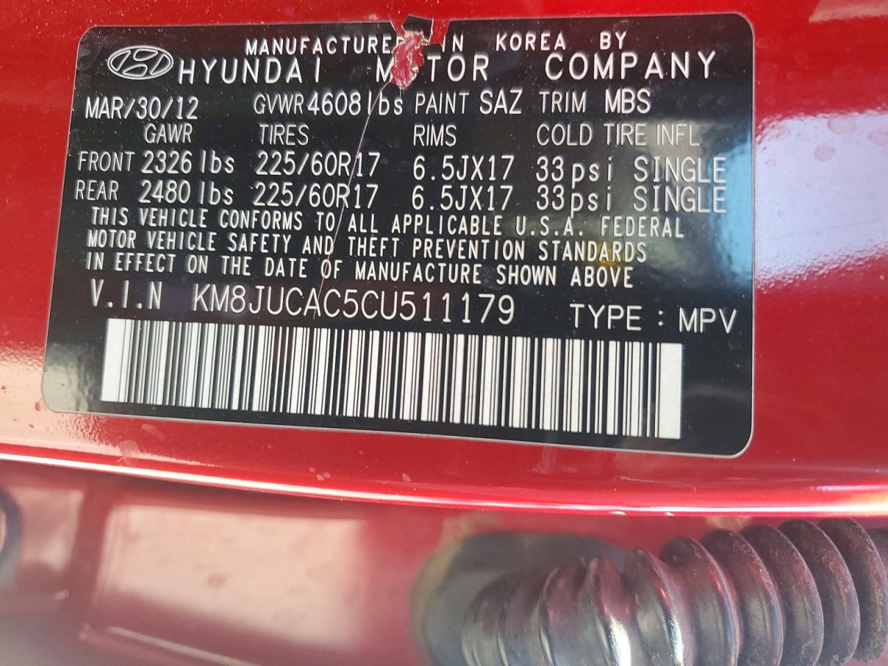 2012 Hyundai Tucson Gls Red vin: KM8JUCAC5CU511179