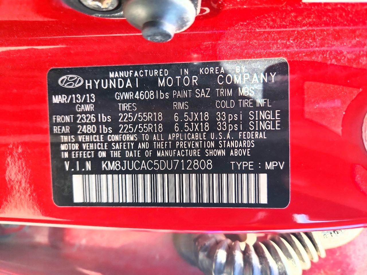 2013 Hyundai Tucson Limited Red vin: KM8JUCAC5DU712808