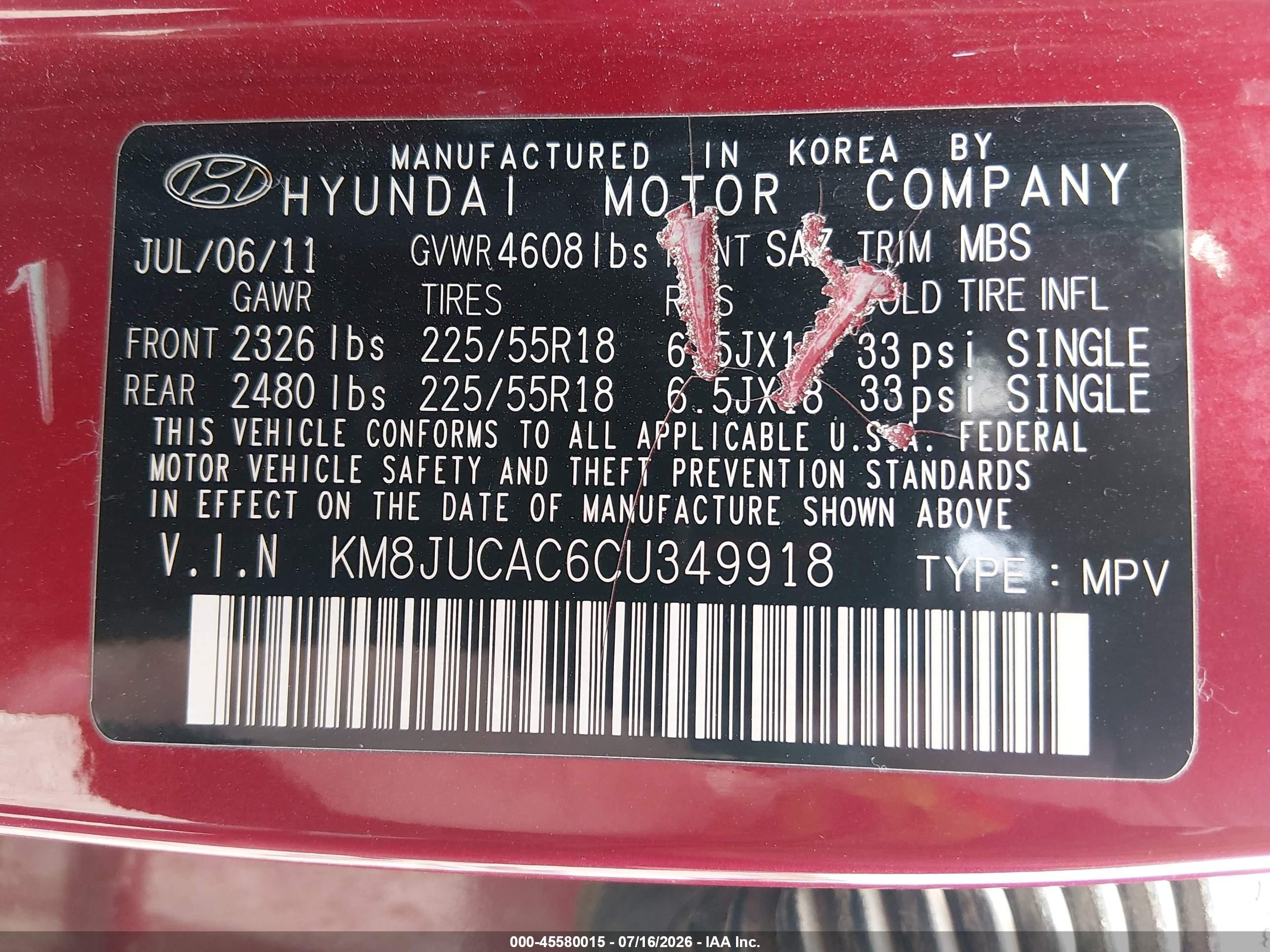 2012 Hyundai Tucson Limited Red vin: KM8JUCAC6CU349918