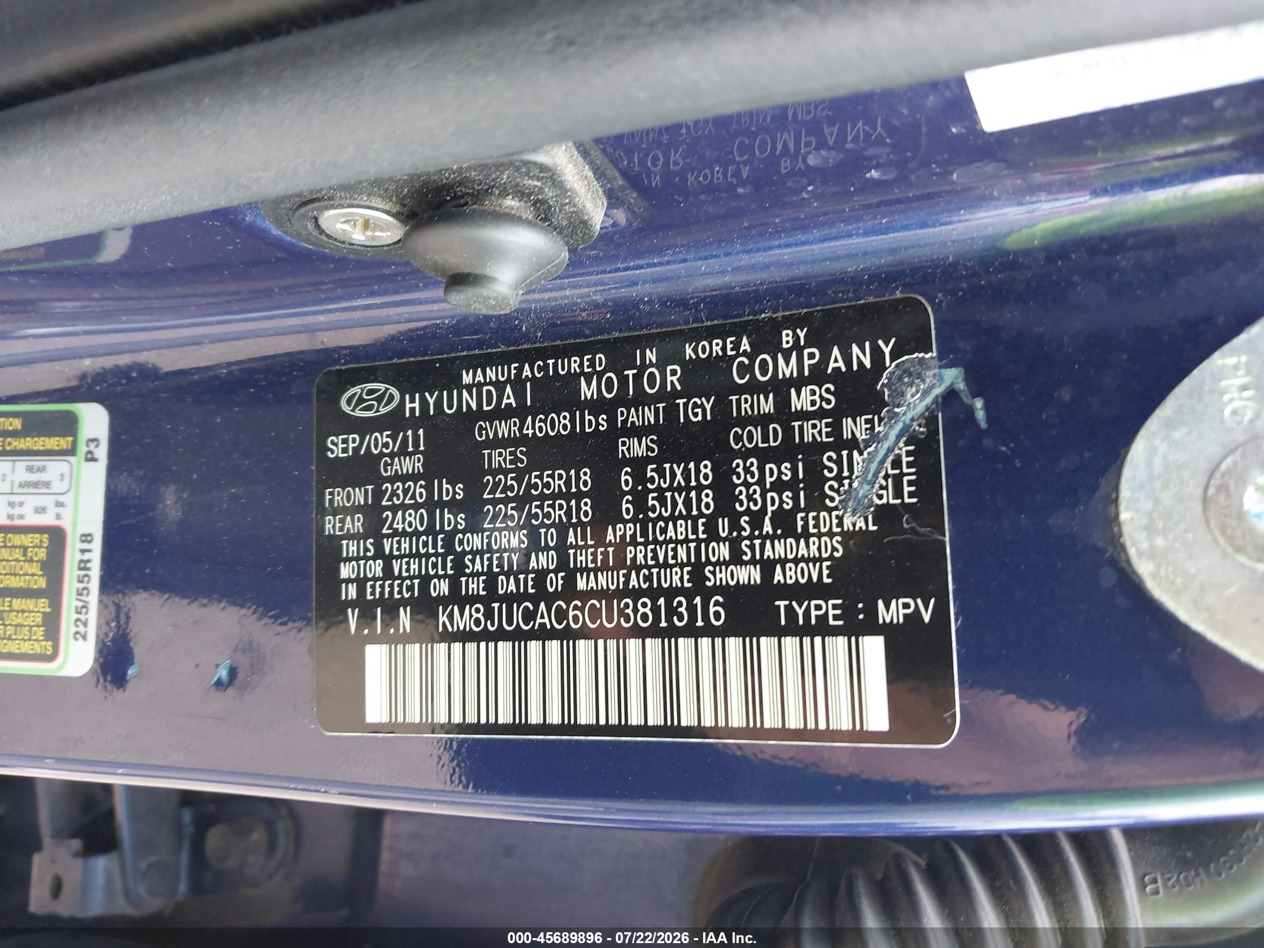 2012 Hyundai Tucson Limited Blue vin: KM8JUCAC6CU381316