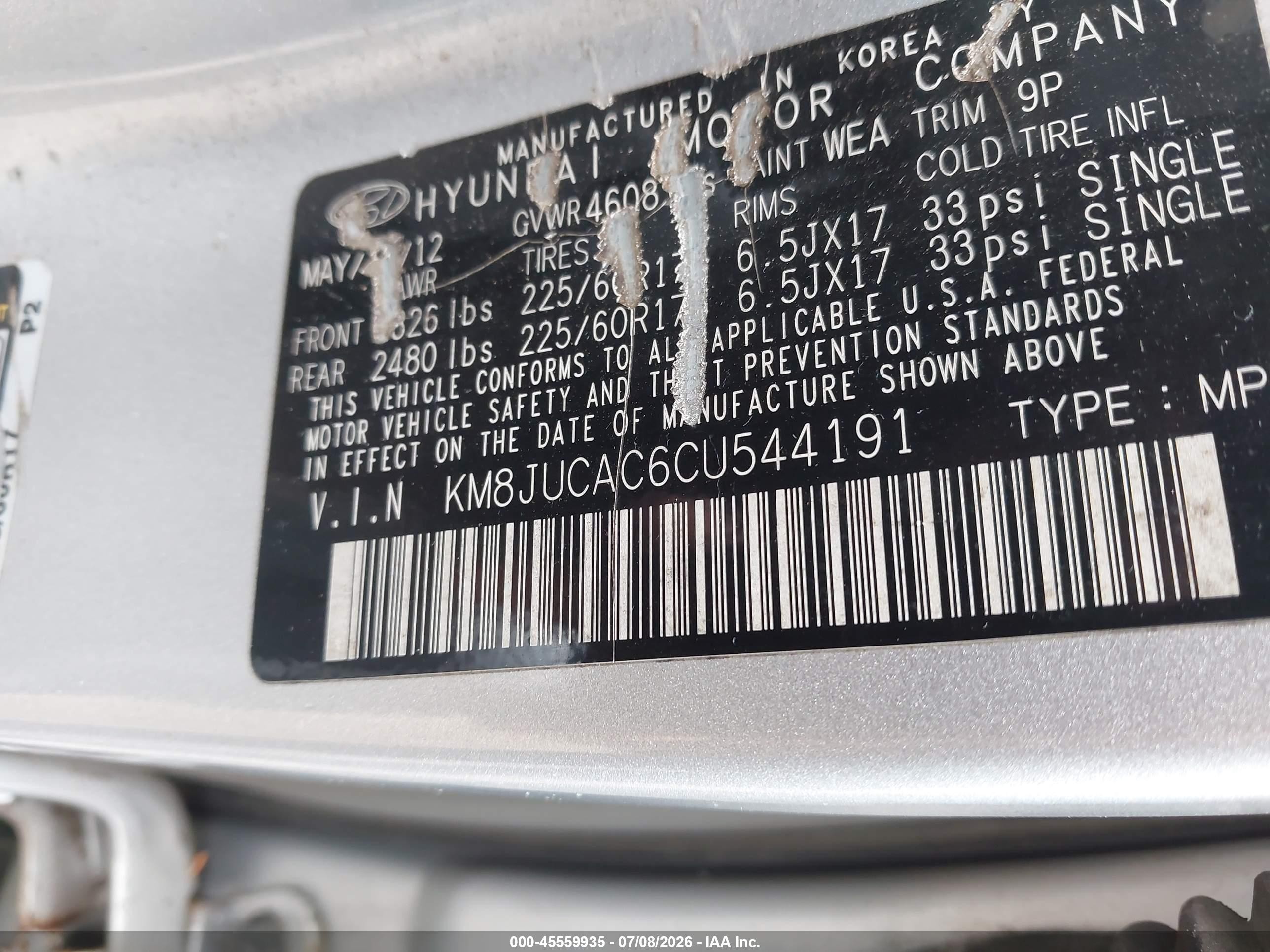 2012 Hyundai Tucson Gls Silver vin: KM8JUCAC6CU544191
