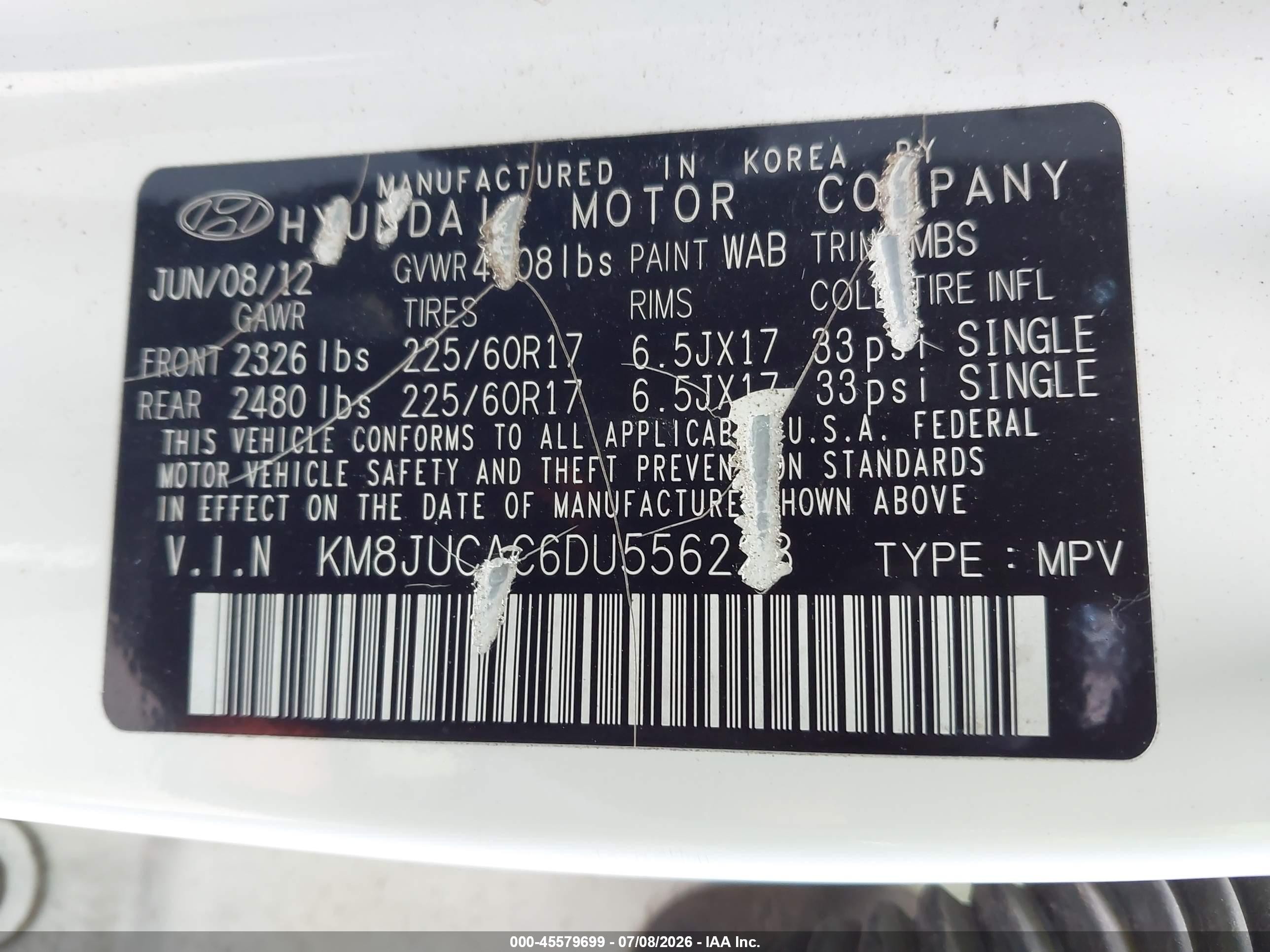 2013 Hyundai Tucson Gls White vin: KM8JUCAC6DU556228