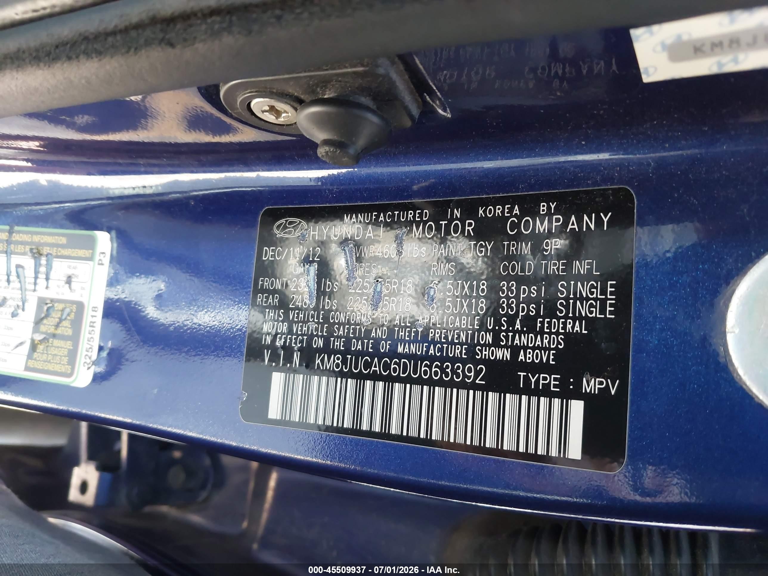 2013 Hyundai Tucson Limited Blue vin: KM8JUCAC6DU663392