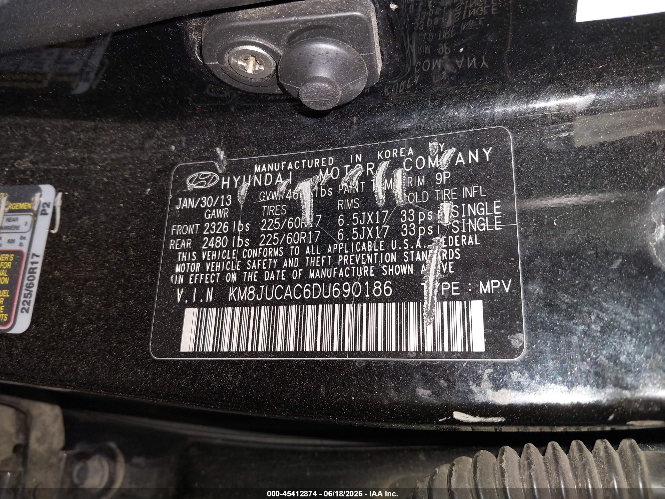 2013 Hyundai Tucson Gls Black vin: KM8JUCAC6DU690186