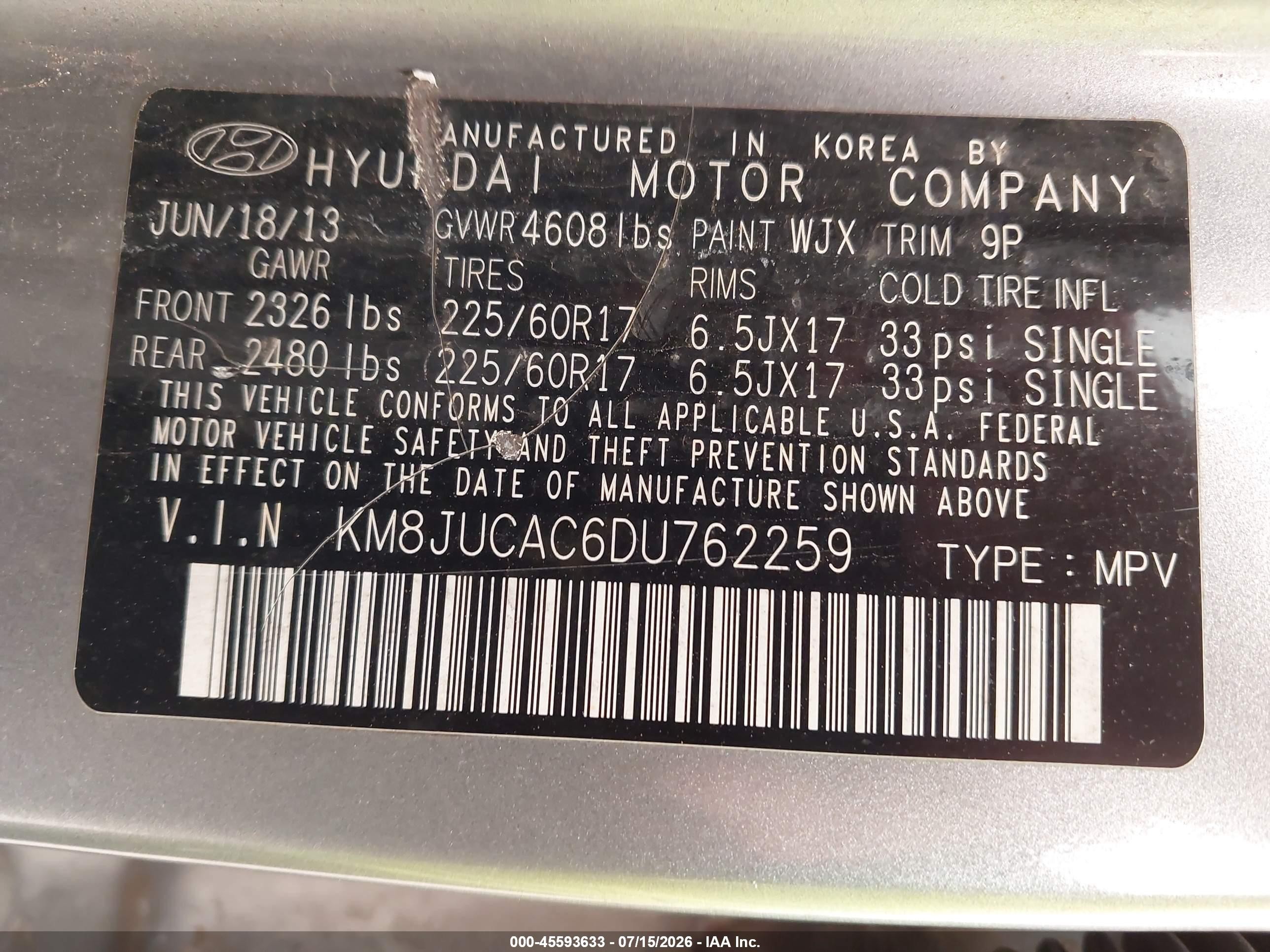 2013 Hyundai Tucson Gls Silver vin: KM8JUCAC6DU762259