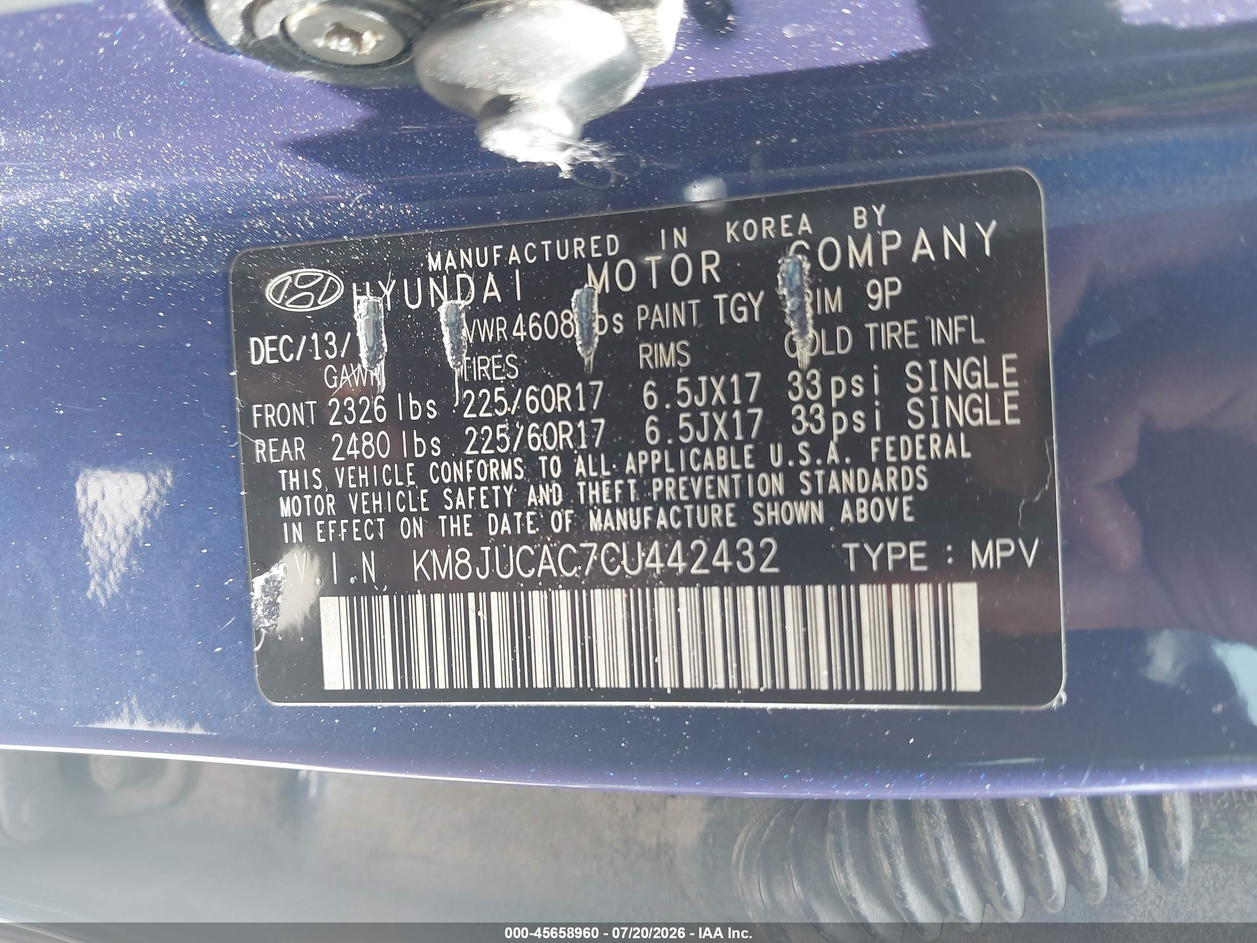 2012 Hyundai Tucson Gls Blue vin: KM8JUCAC7CU442432