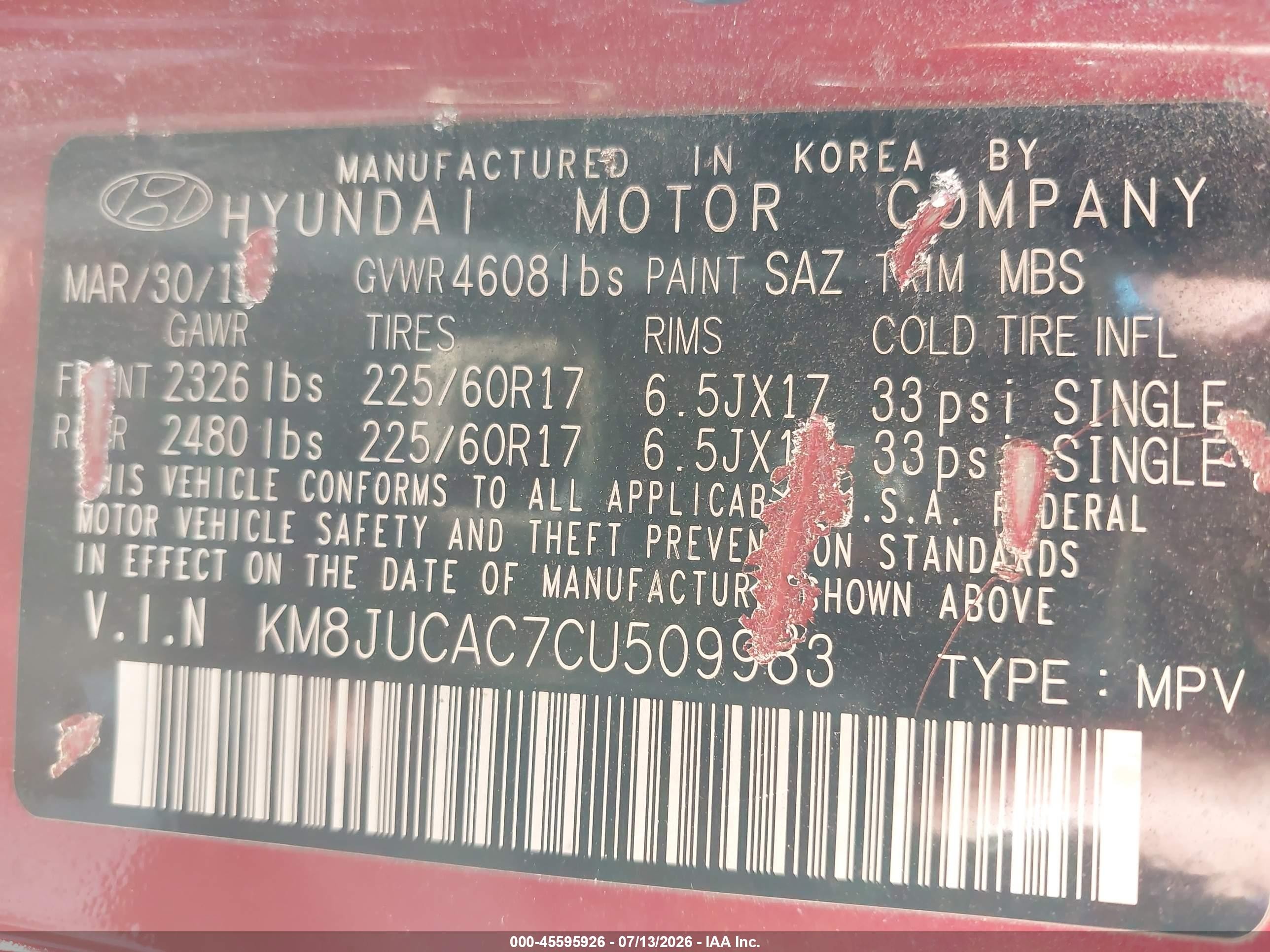 2012 Hyundai Tucson Gls Red vin: KM8JUCAC7CU509983