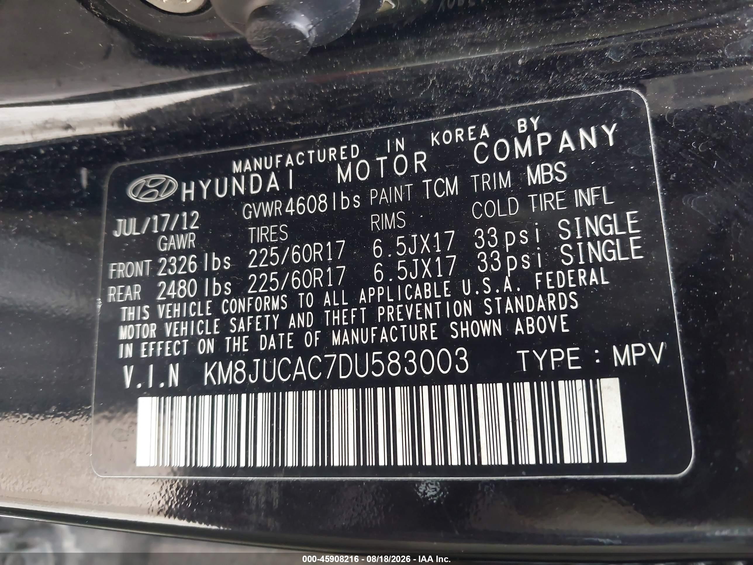 2013 Hyundai Tucson Gls Black vin: KM8JUCAC7DU583003