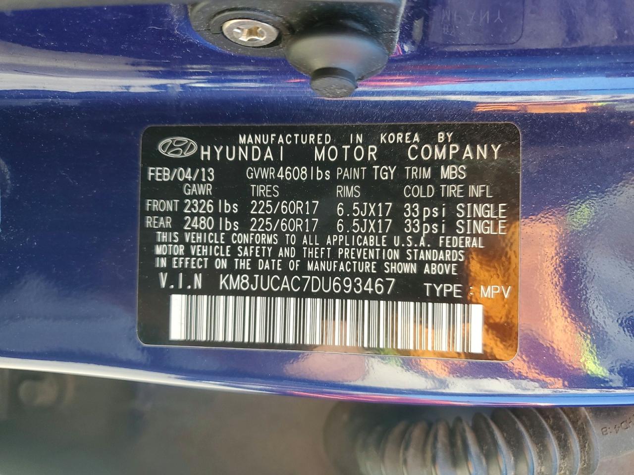 2013 Hyundai Tucson Gls Blue vin: KM8JUCAC7DU693467