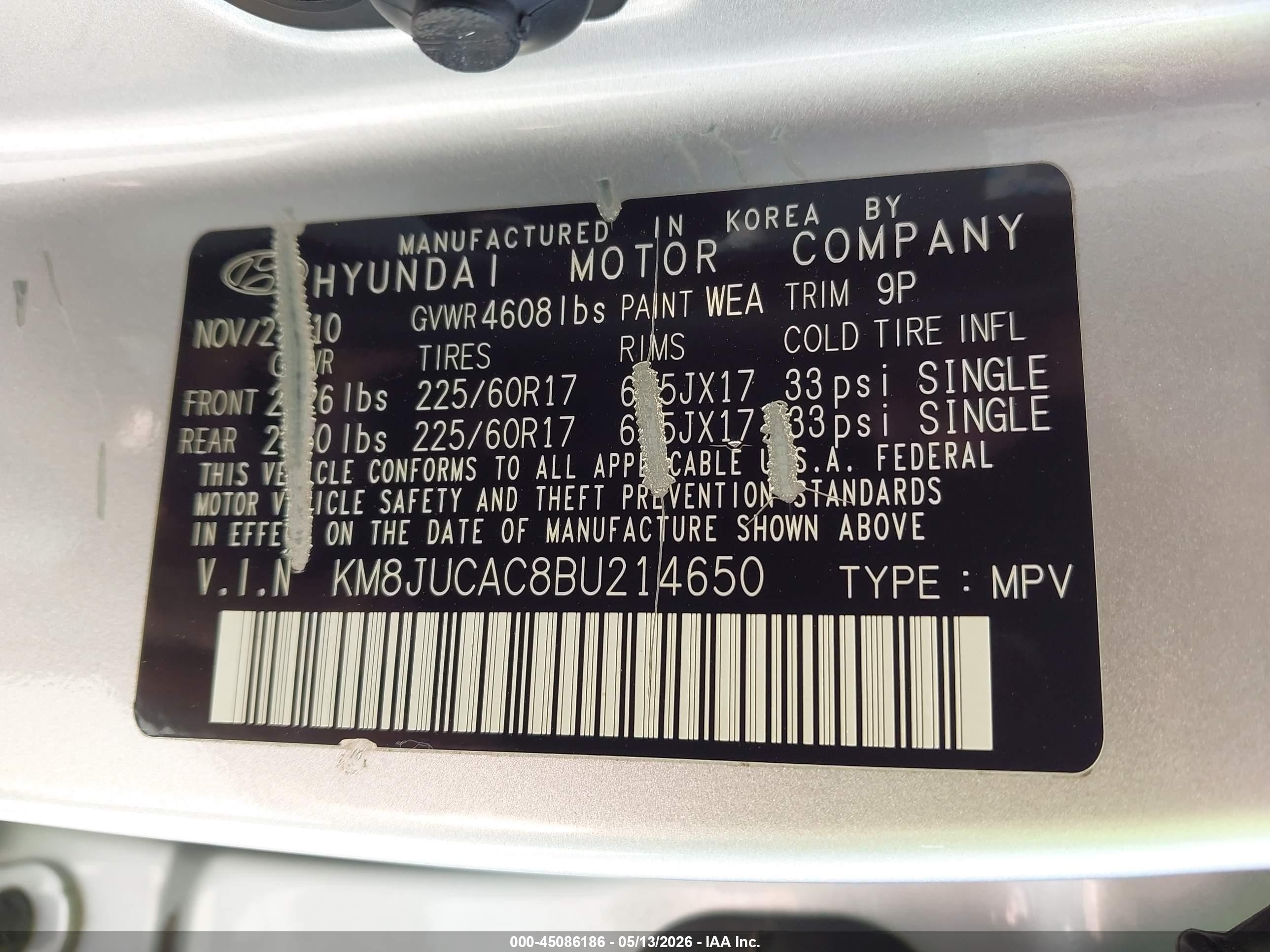 2011 Hyundai Tucson Gls Silver vin: KM8JUCAC8BU214650
