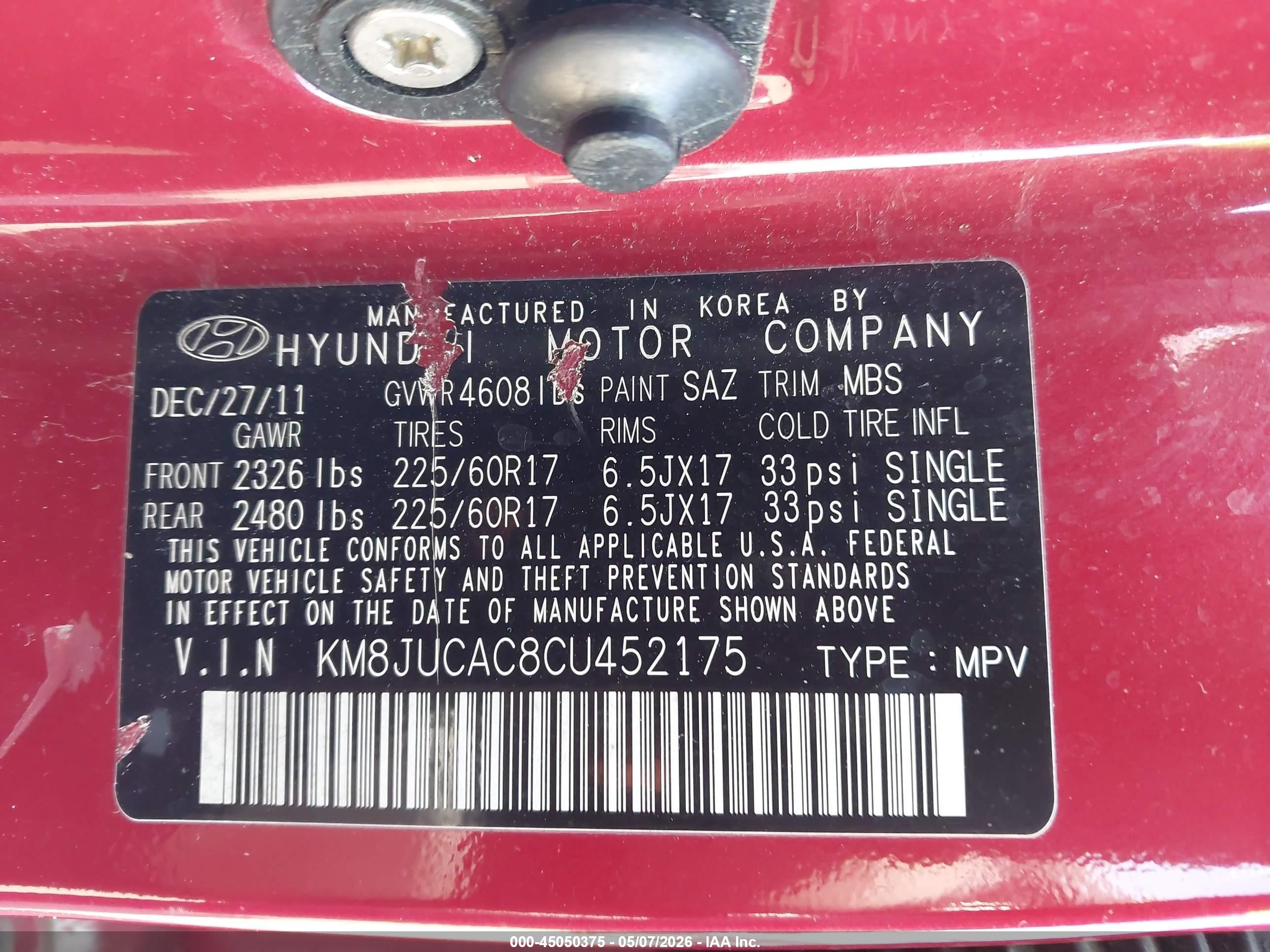 2012 Hyundai Tucson Gls Red vin: KM8JUCAC8CU452175