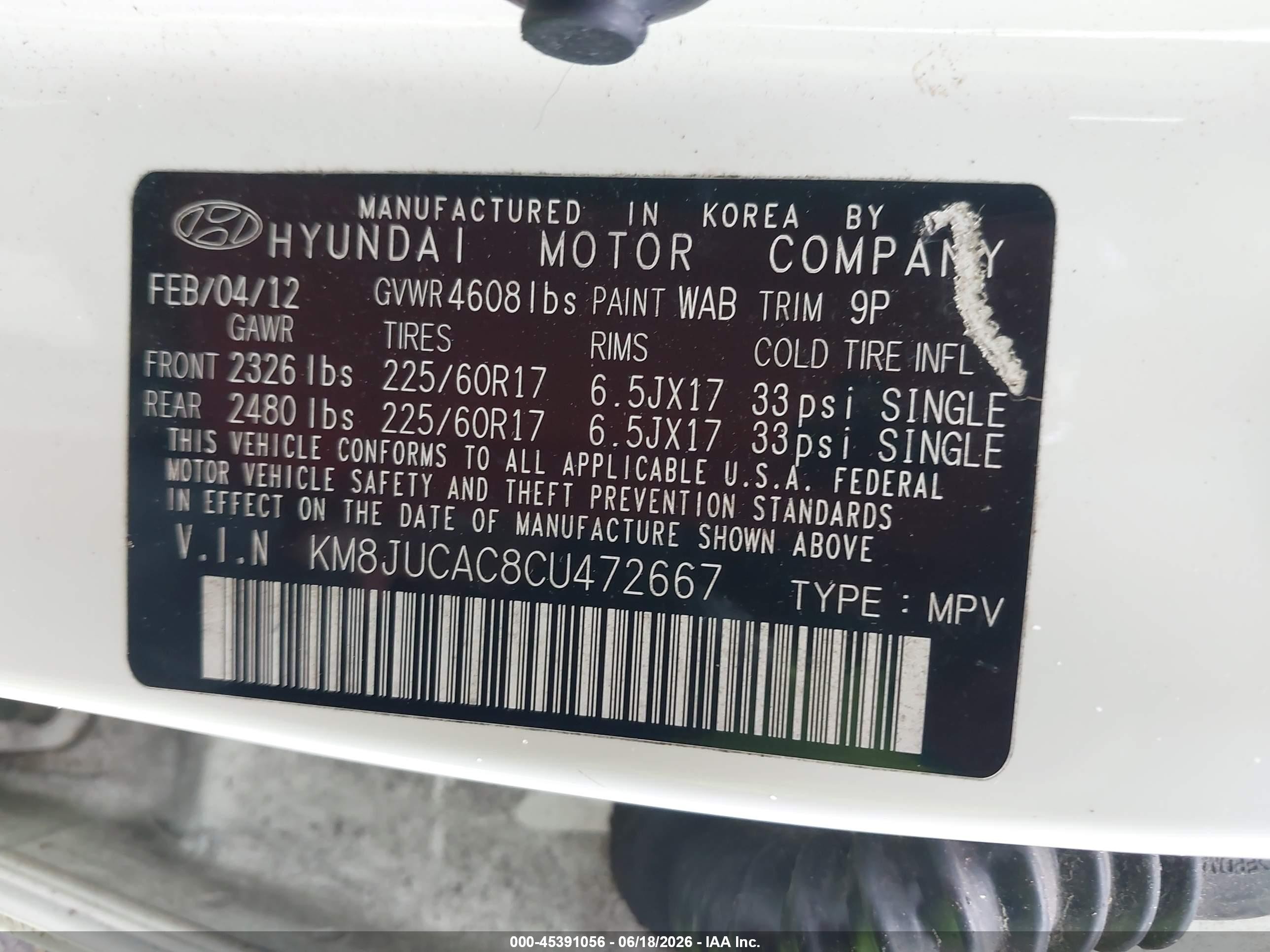2012 Hyundai Tucson Gls White vin: KM8JUCAC8CU472667
