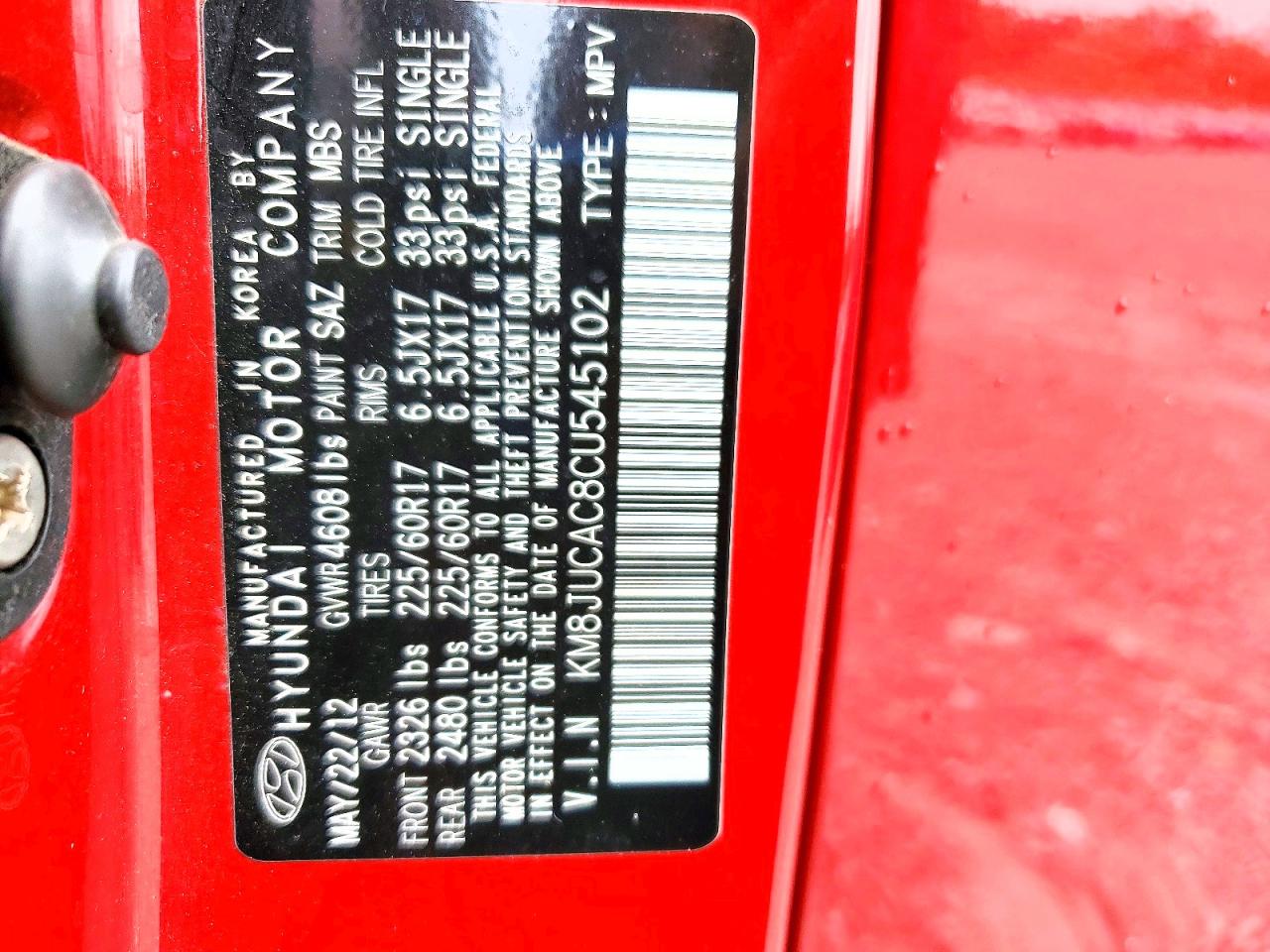 2012 Hyundai Tucson Gls Red vin: KM8JUCAC8CU545102