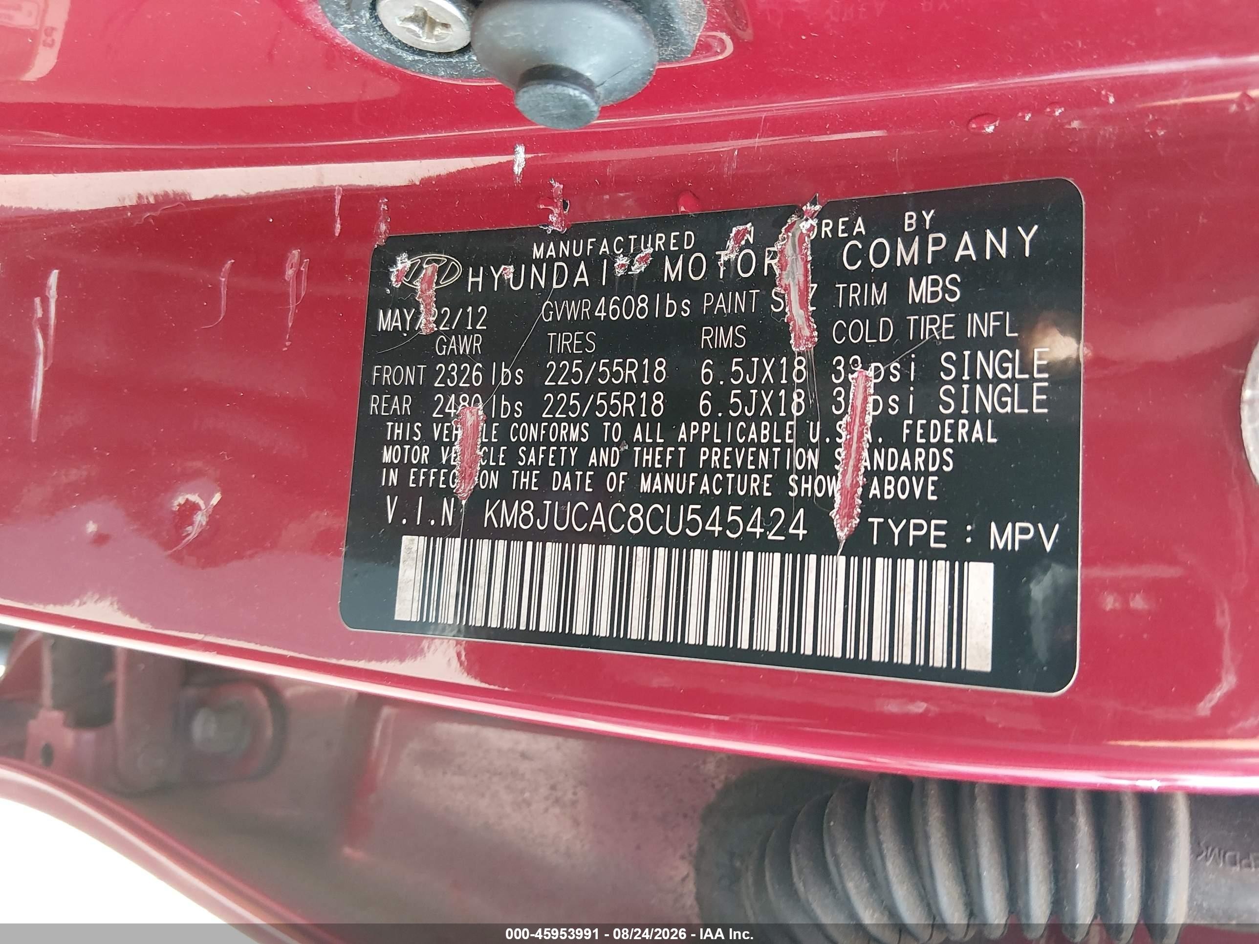 2012 Hyundai Tucson Limited Red vin: KM8JUCAC8CU545424