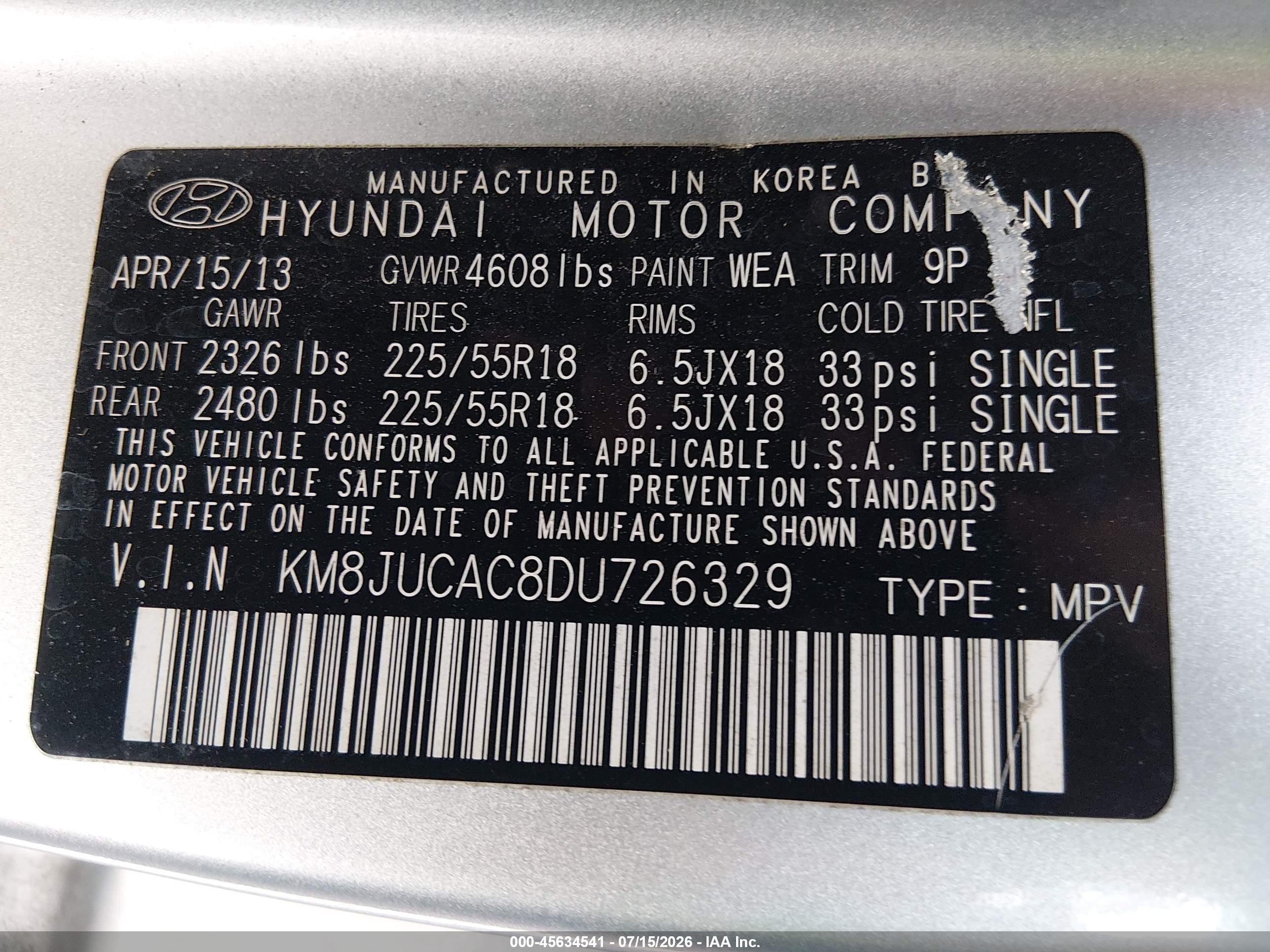 2013 Hyundai Tucson Limited Silver vin: KM8JUCAC8DU726329