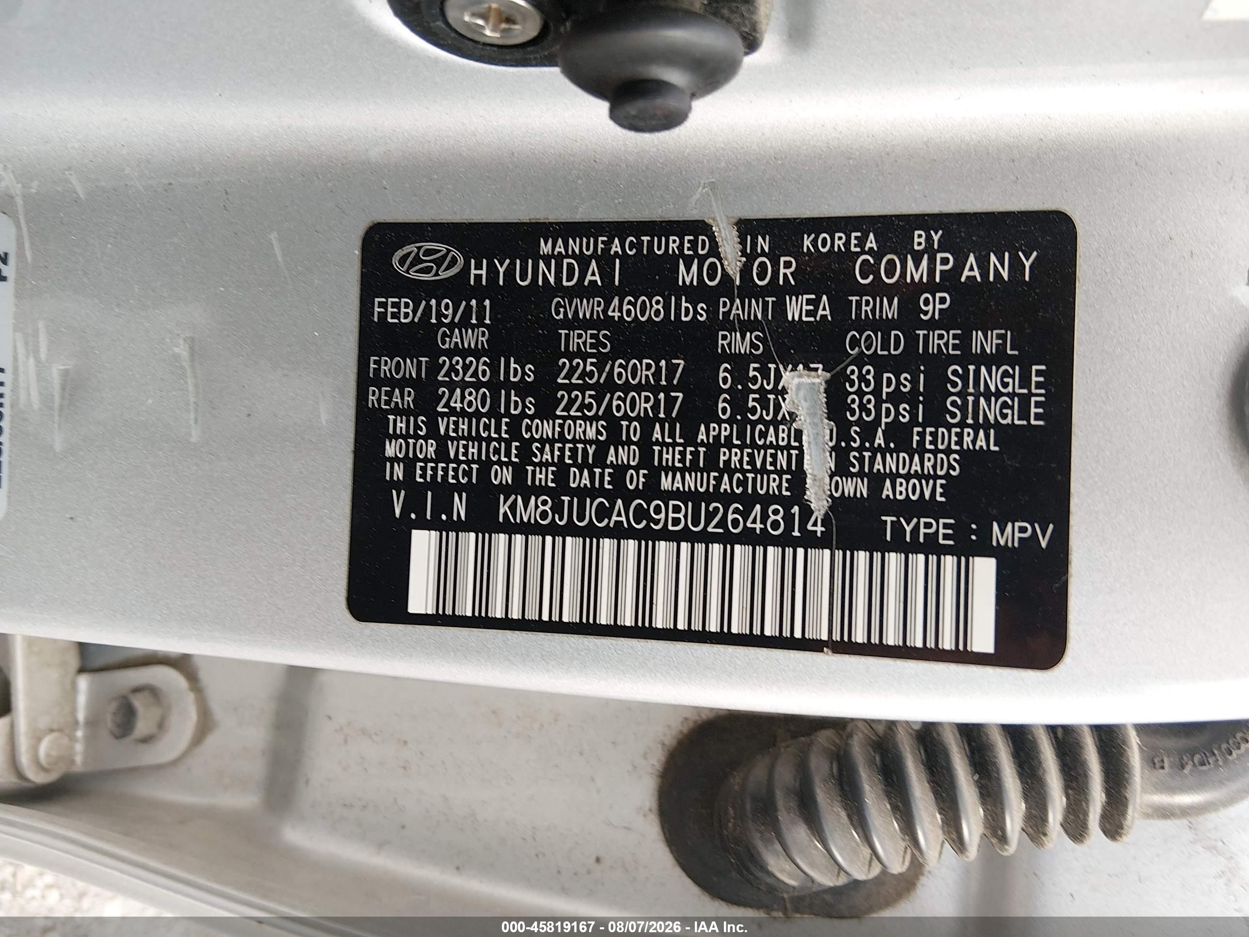 2011 Hyundai Tucson Gls Silver vin: KM8JUCAC9BU264814