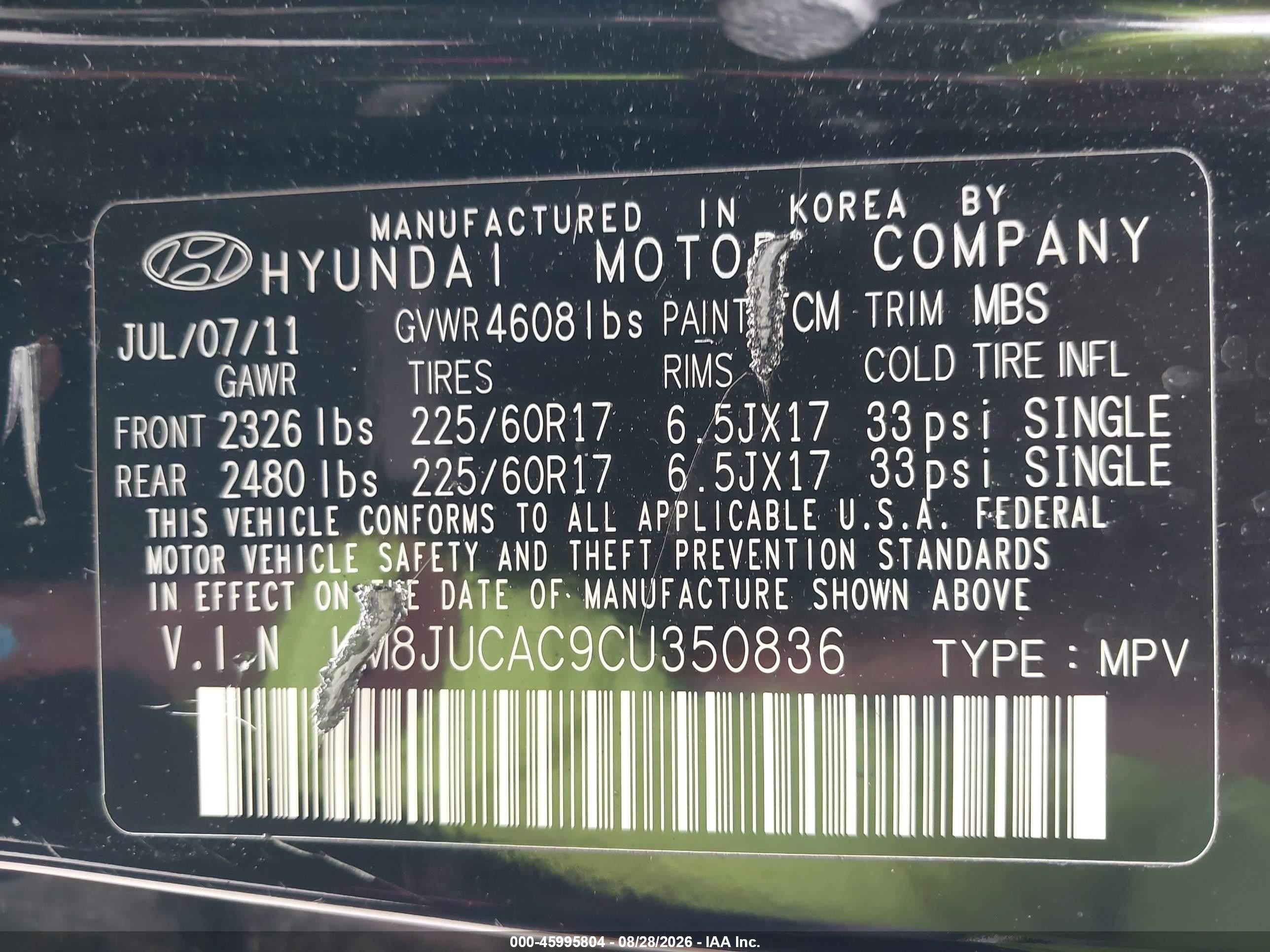 2012 Hyundai Tucson Gls Black vin: KM8JUCAC9CU350836