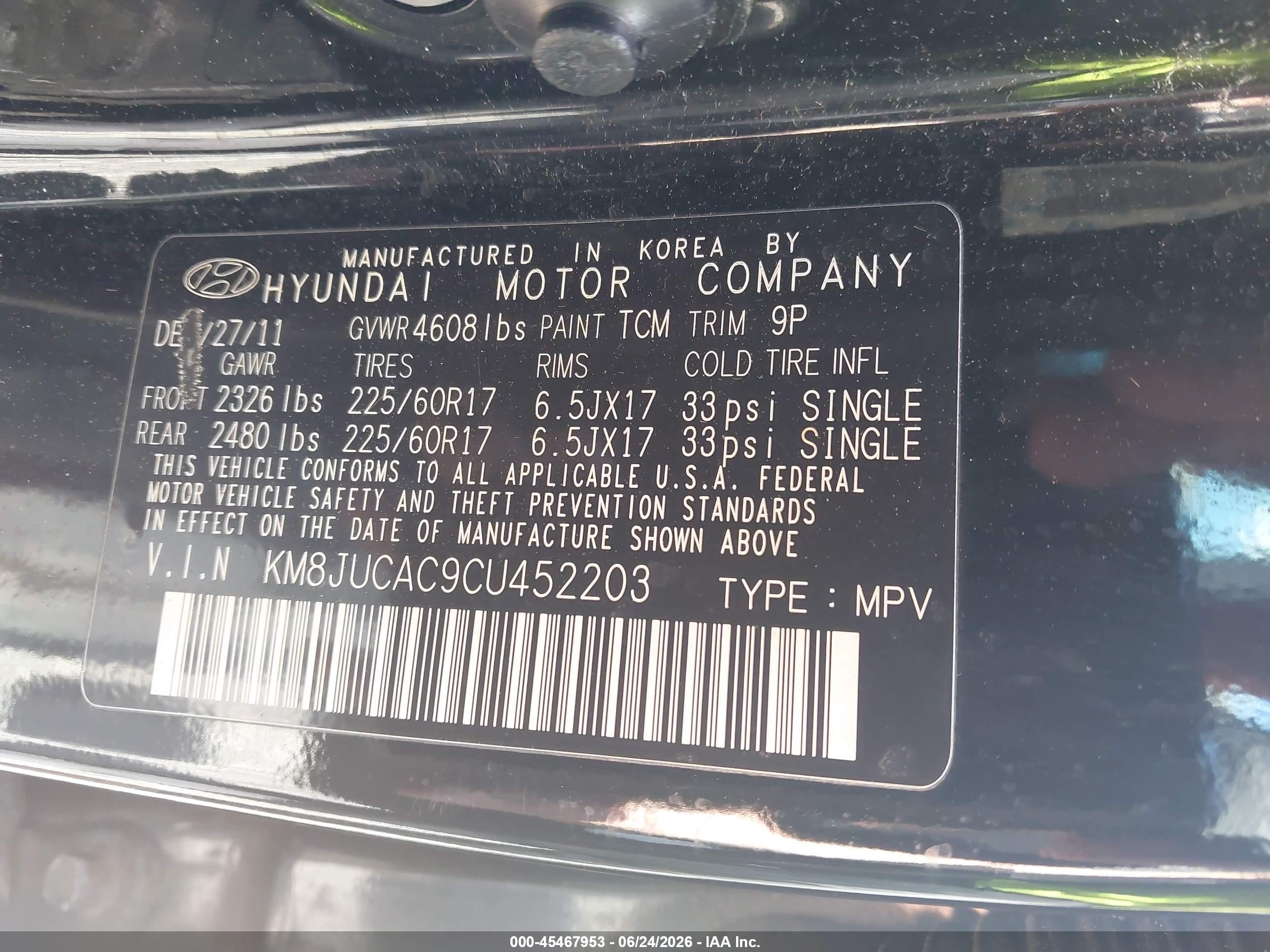 2012 Hyundai Tucson Gls Black vin: KM8JUCAC9CU452203