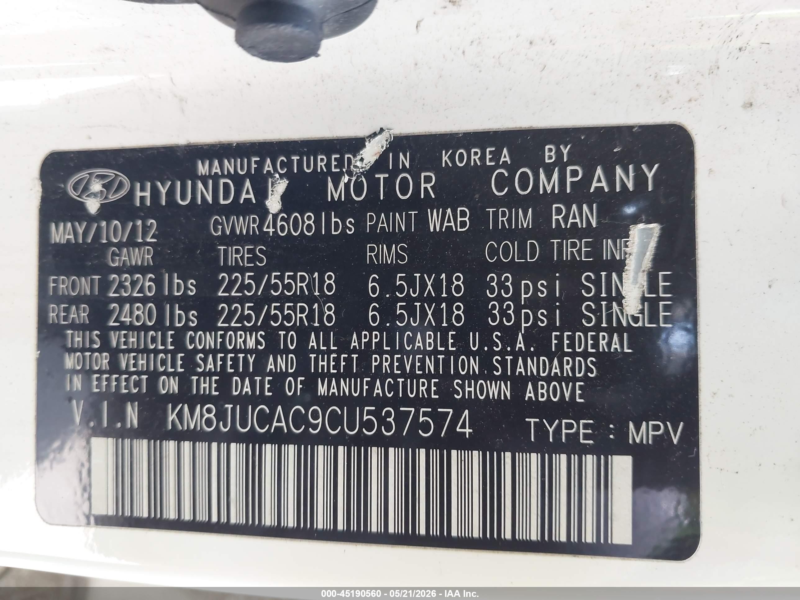 2012 Hyundai Tucson Limited White vin: KM8JUCAC9CU537574