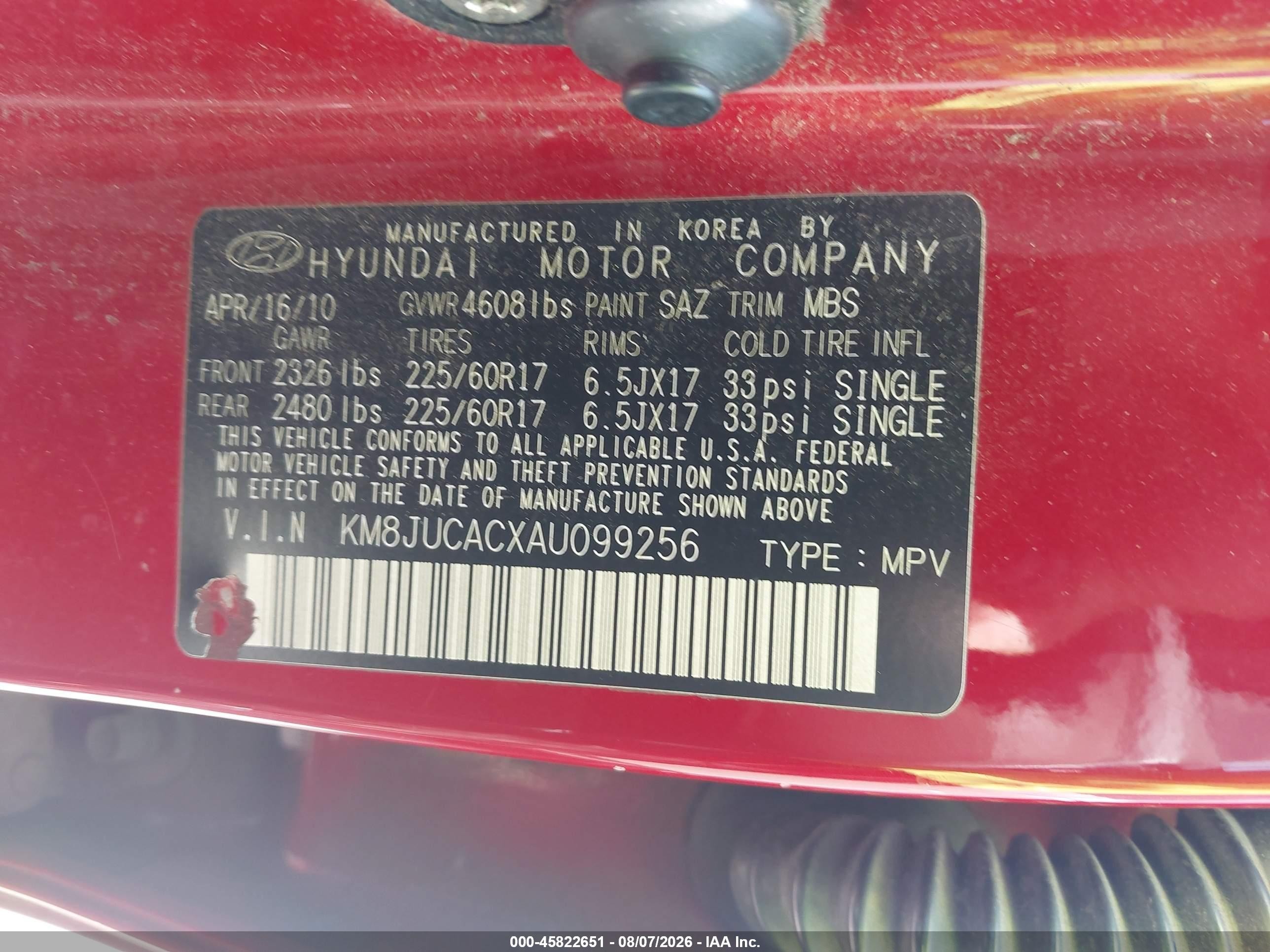 2010 Hyundai Tucson Gls Red vin: KM8JUCACXAU099256