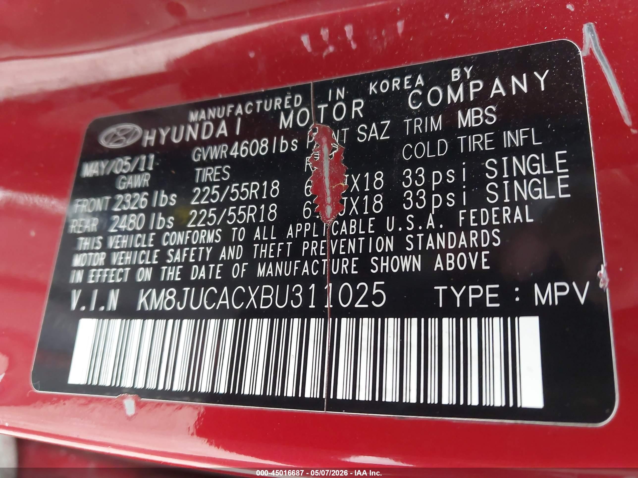 2011 Hyundai Tucson Limited Burgundy vin: KM8JUCACXBU311025