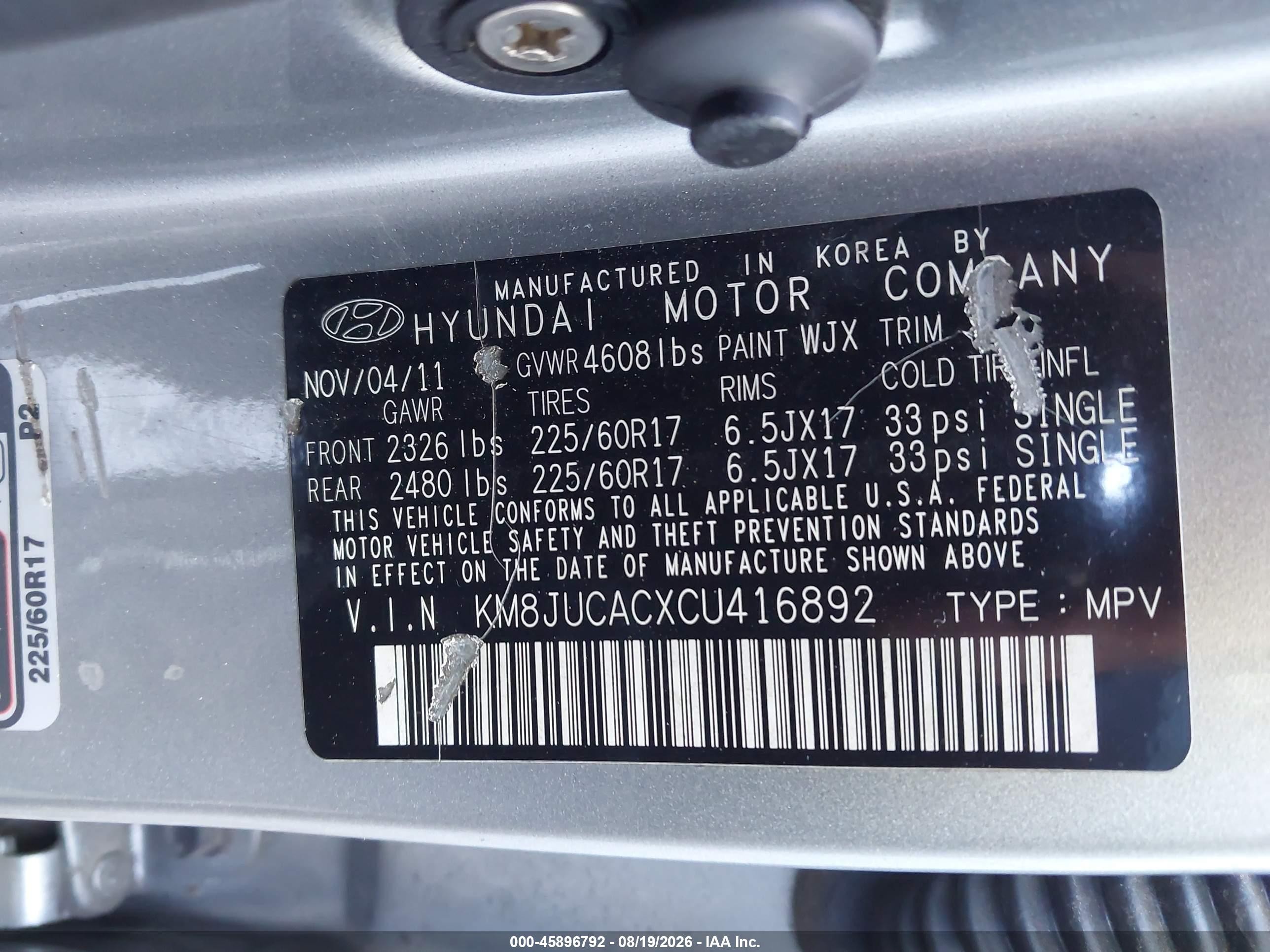 2012 Hyundai Tucson Gls Silver vin: KM8JUCACXCU416892