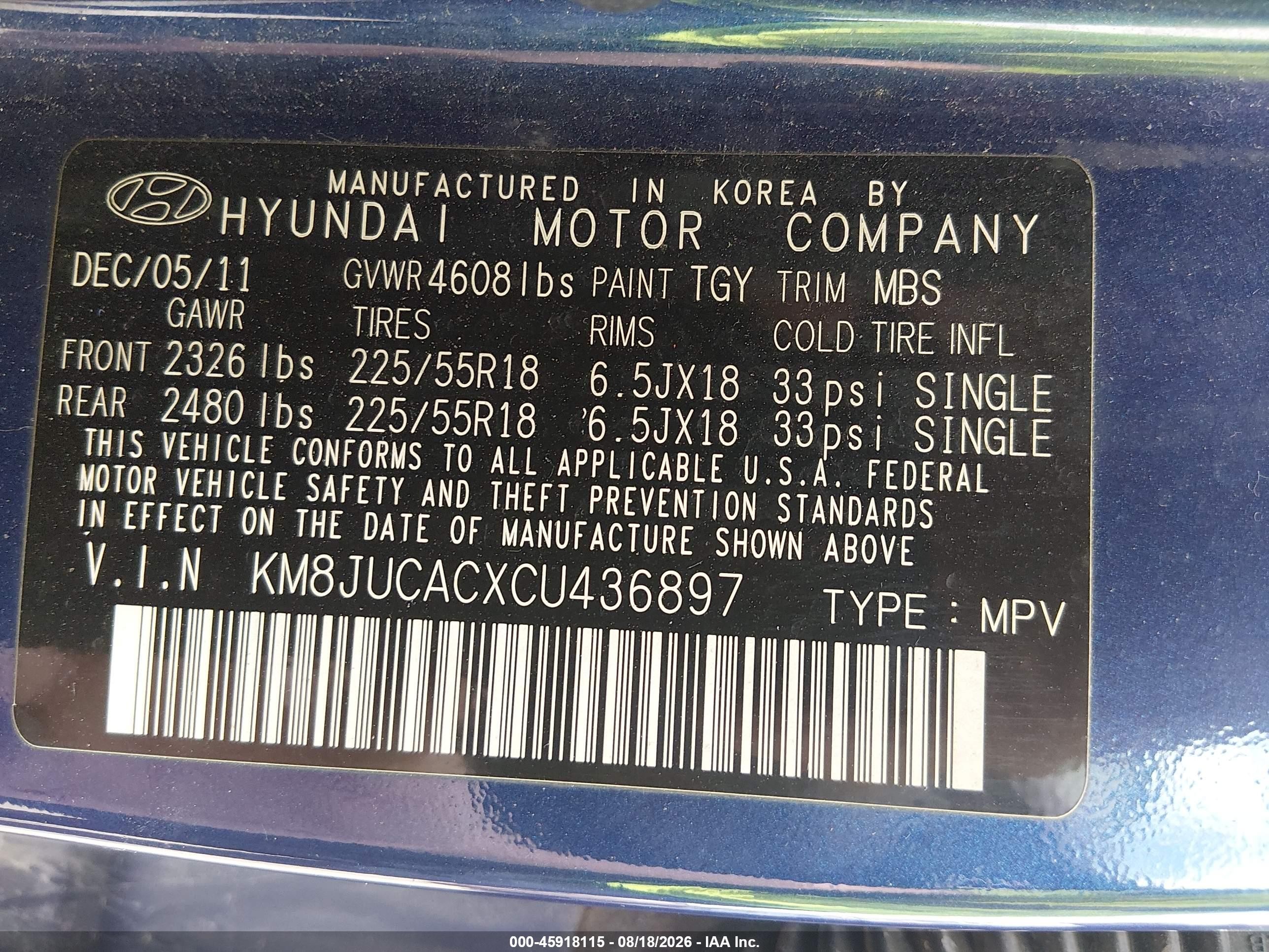 2012 Hyundai Tucson Limited Blue vin: KM8JUCACXCU436897
