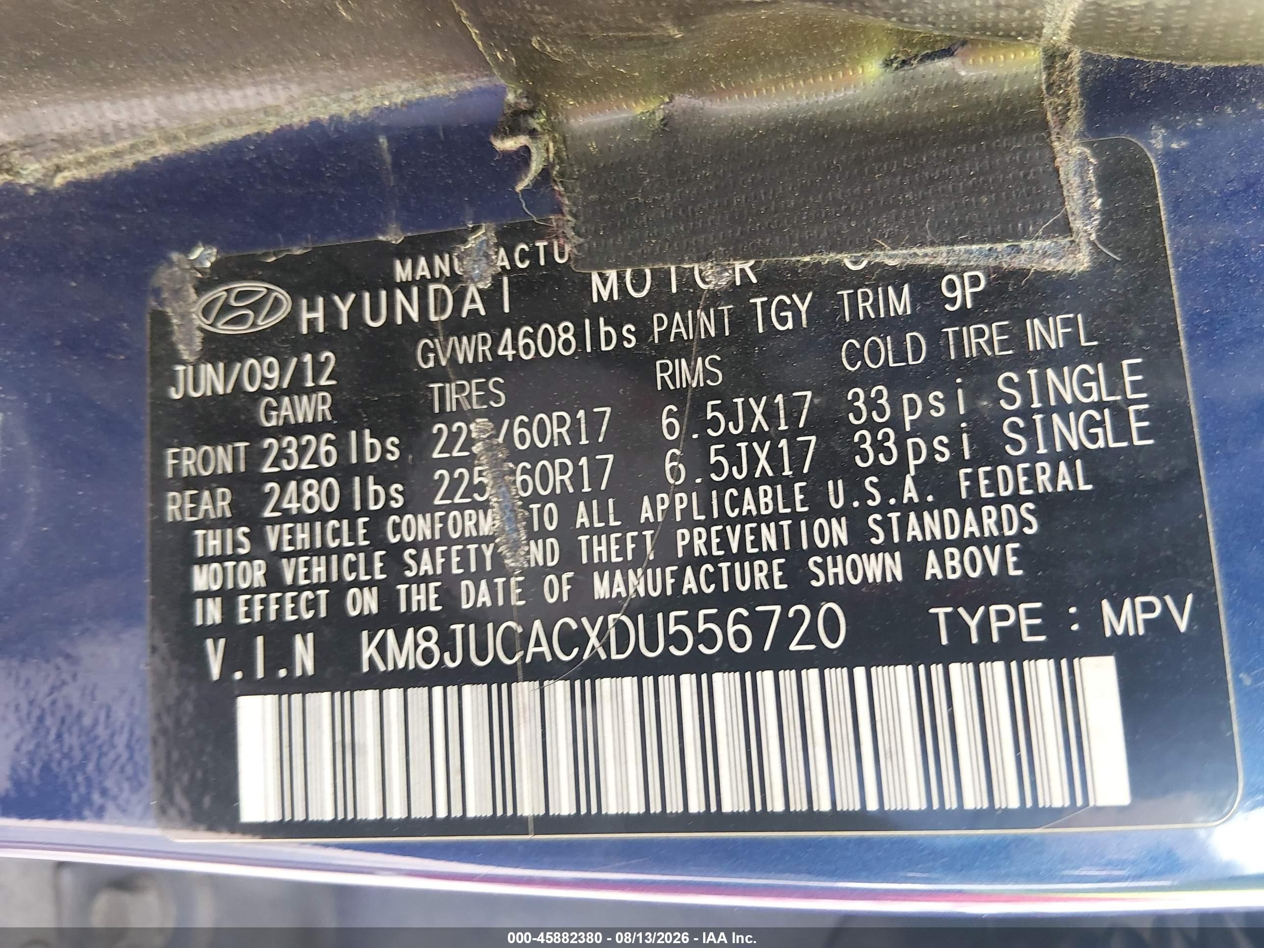 2013 Hyundai Tucson Gls Синий vin: KM8JUCACXDU556720