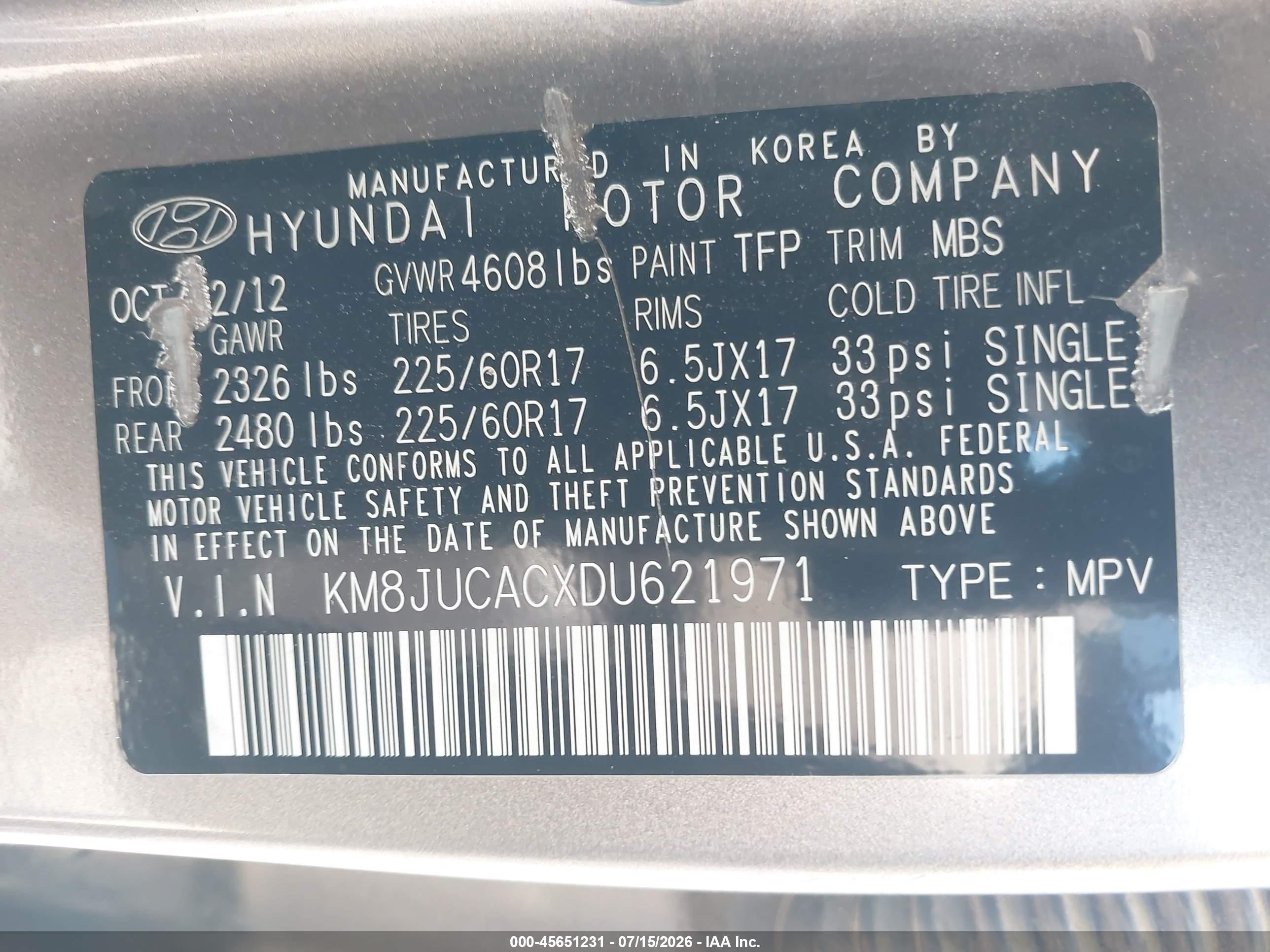 2013 Hyundai Tucson Gls Gold vin: KM8JUCACXDU621971