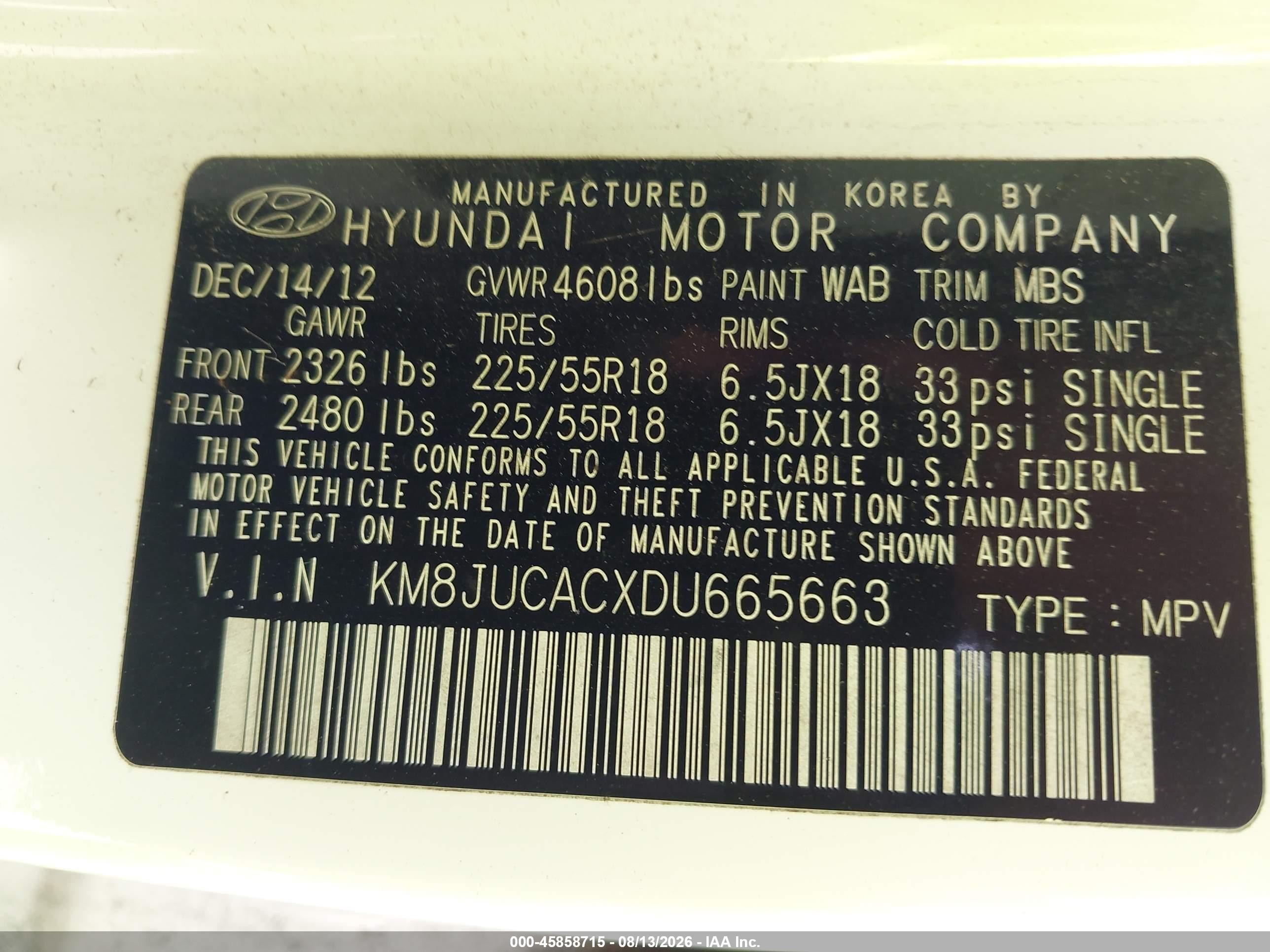 2013 Hyundai Tucson Limited White vin: KM8JUCACXDU665663