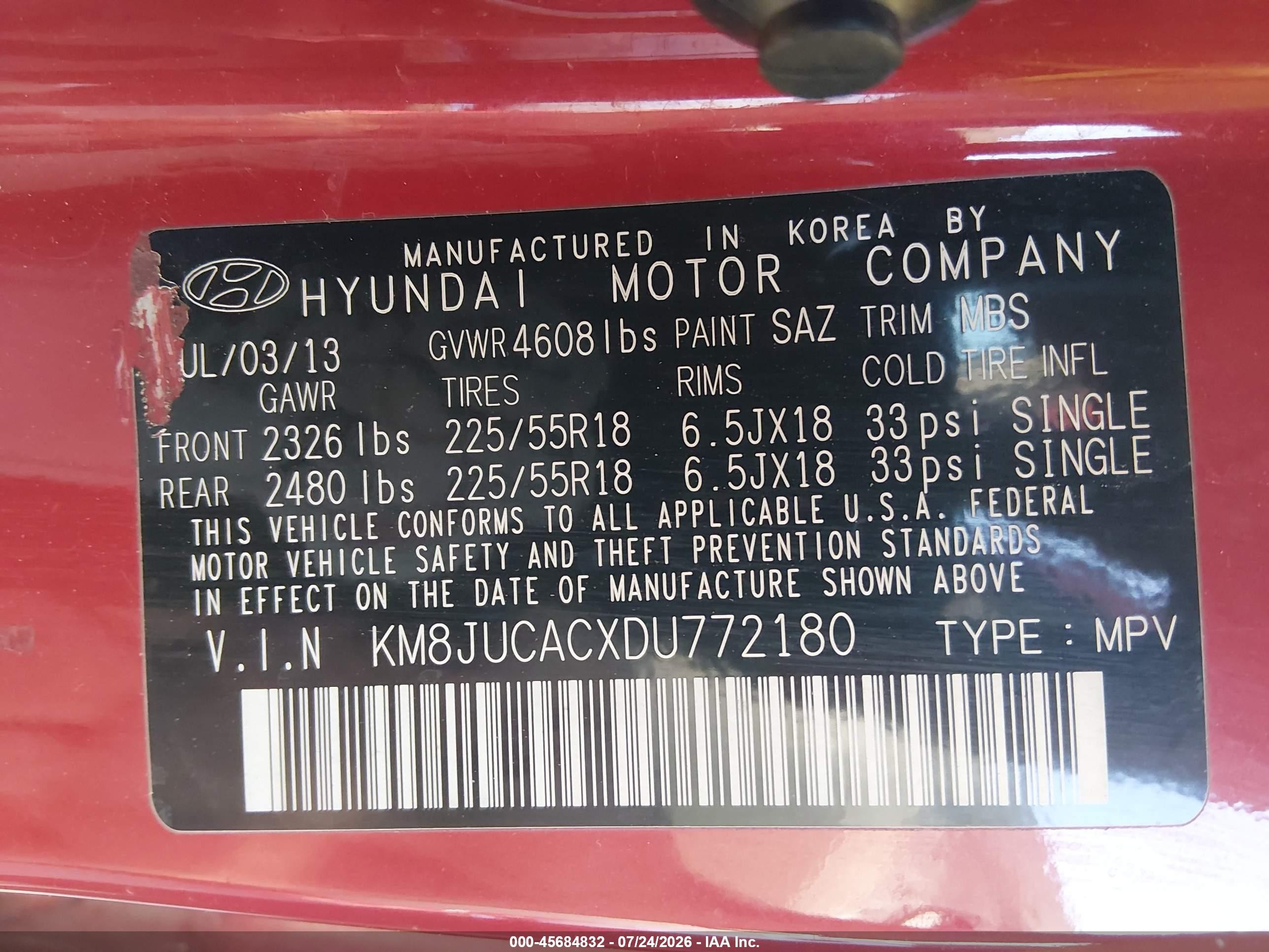 2013 Hyundai Tucson Limited Красный vin: KM8JUCACXDU772180
