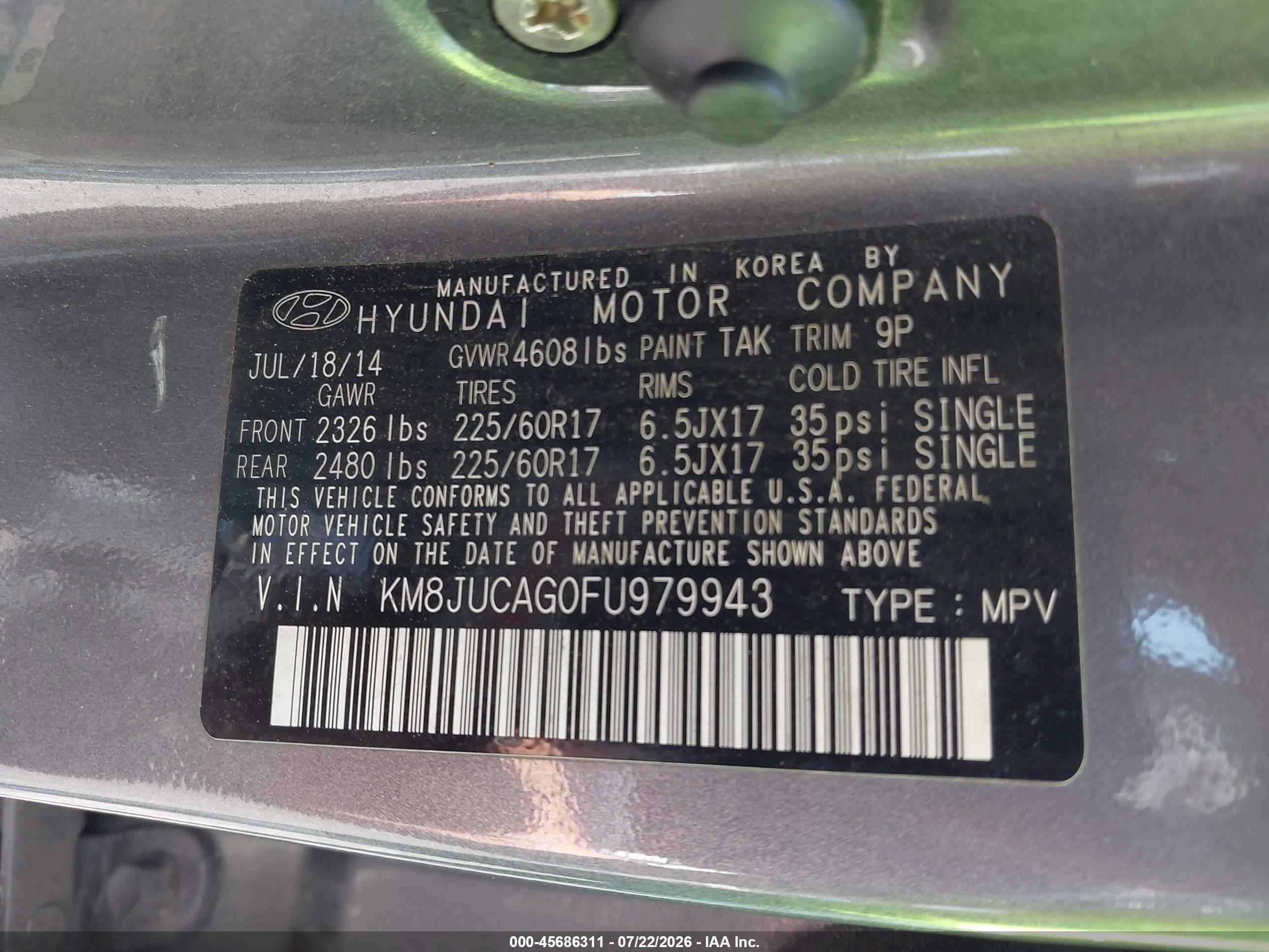 2015 Hyundai Tucson Se Серый vin: KM8JUCAG0FU979943