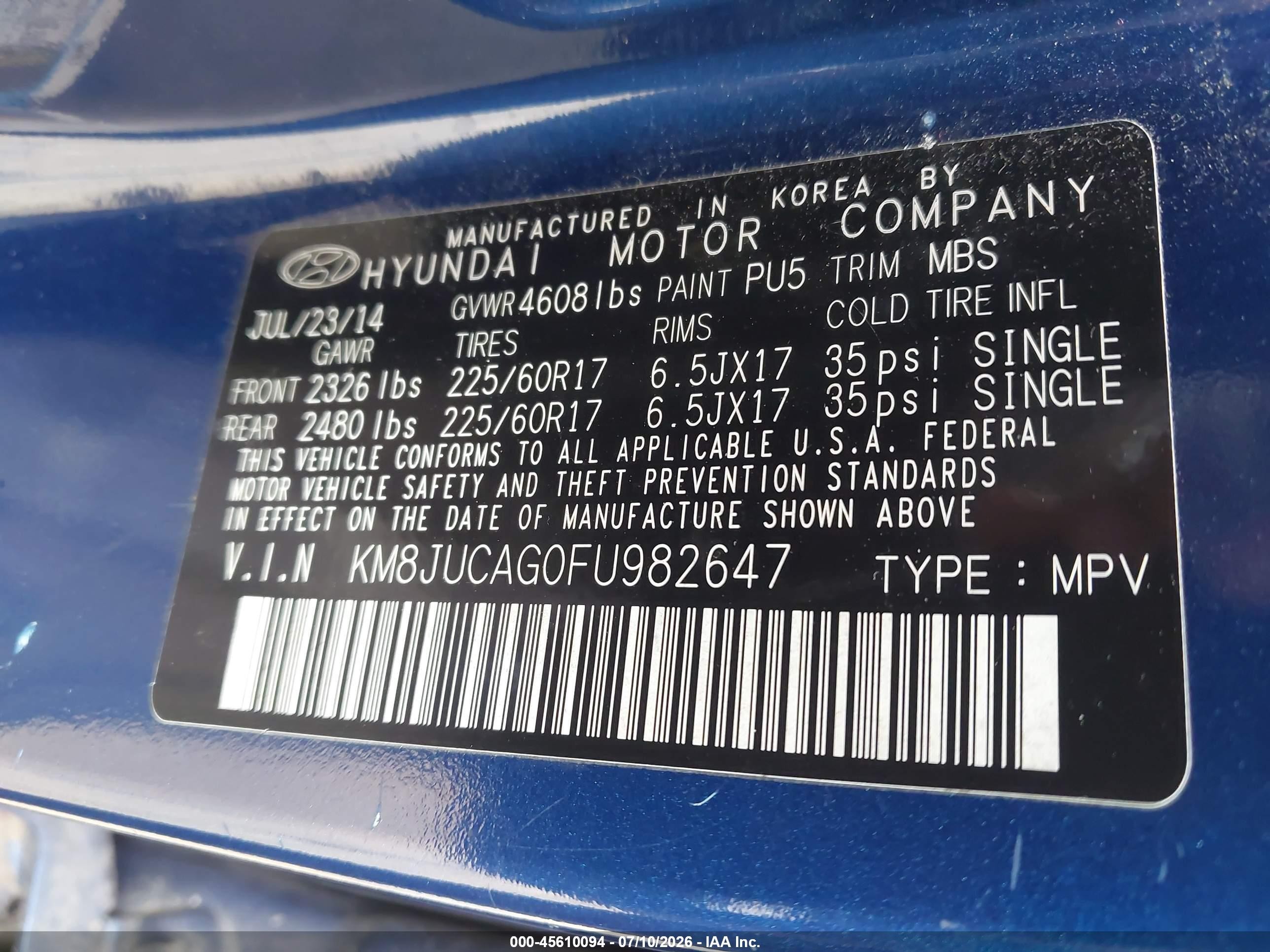 2015 Hyundai Tucson Se Blue vin: KM8JUCAG0FU982647