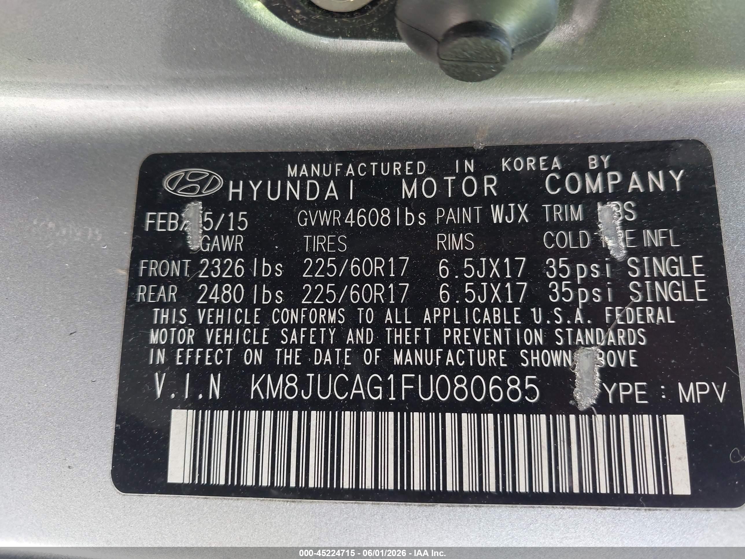 2015 Hyundai Tucson Se Silver vin: KM8JUCAG1FU080685