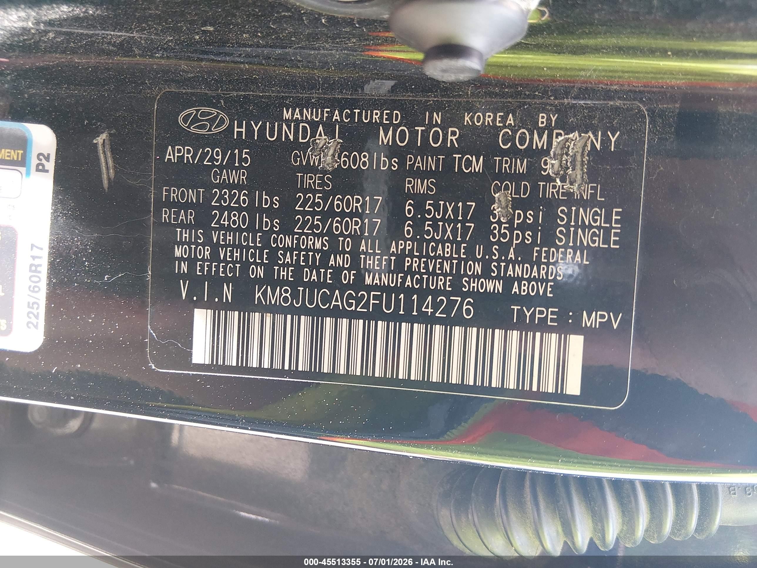 2015 Hyundai Tucson Se Black vin: KM8JUCAG2FU114276