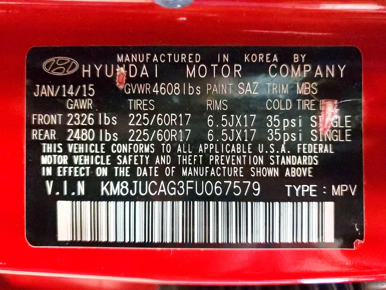 2015 Hyundai Tucson Se Red vin: KM8JUCAG3FU067579